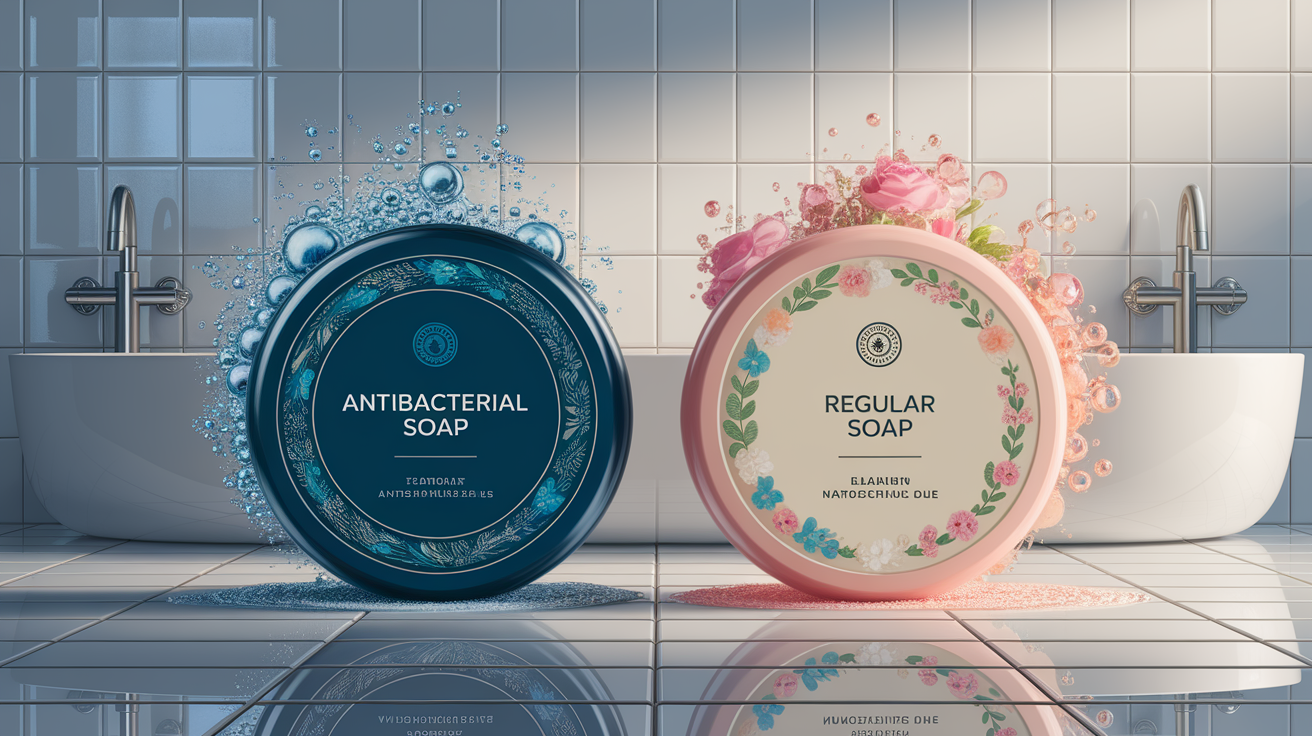 A conceptual illustration representing Comparing Antibacterial and Regular Soap. Visualize the main ideas: . Creative but clear representation of the concept. Style: photorealistic. high quality, detailed, professional, clean composition, good lighting, sharp focus, well-composed. high quality, professional, detailed, well-composed