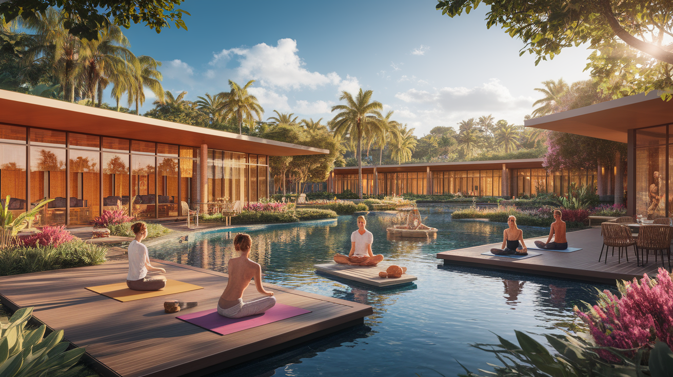 A conceptual illustration representing Premier Wellness Centers and Resorts. Visualize the main ideas: . Creative but clear representation of the concept. Style: photorealistic. high quality, detailed, professional, clean composition, good lighting, sharp focus, well-composed. high quality, professional, detailed, well-composed