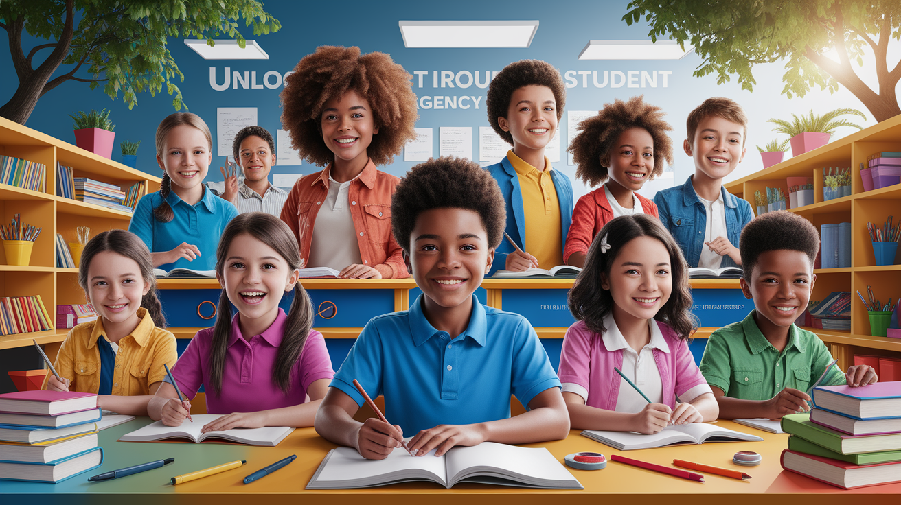 A conceptual illustration representing Introduction - Unlocking Potential Through Student Agency. Visualize the main ideas: . Creative but clear representation of the concept. Style: photorealistic. high quality, detailed, professional, clean composition, good lighting, sharp focus, well-composed. high quality, professional, detailed, well-composed