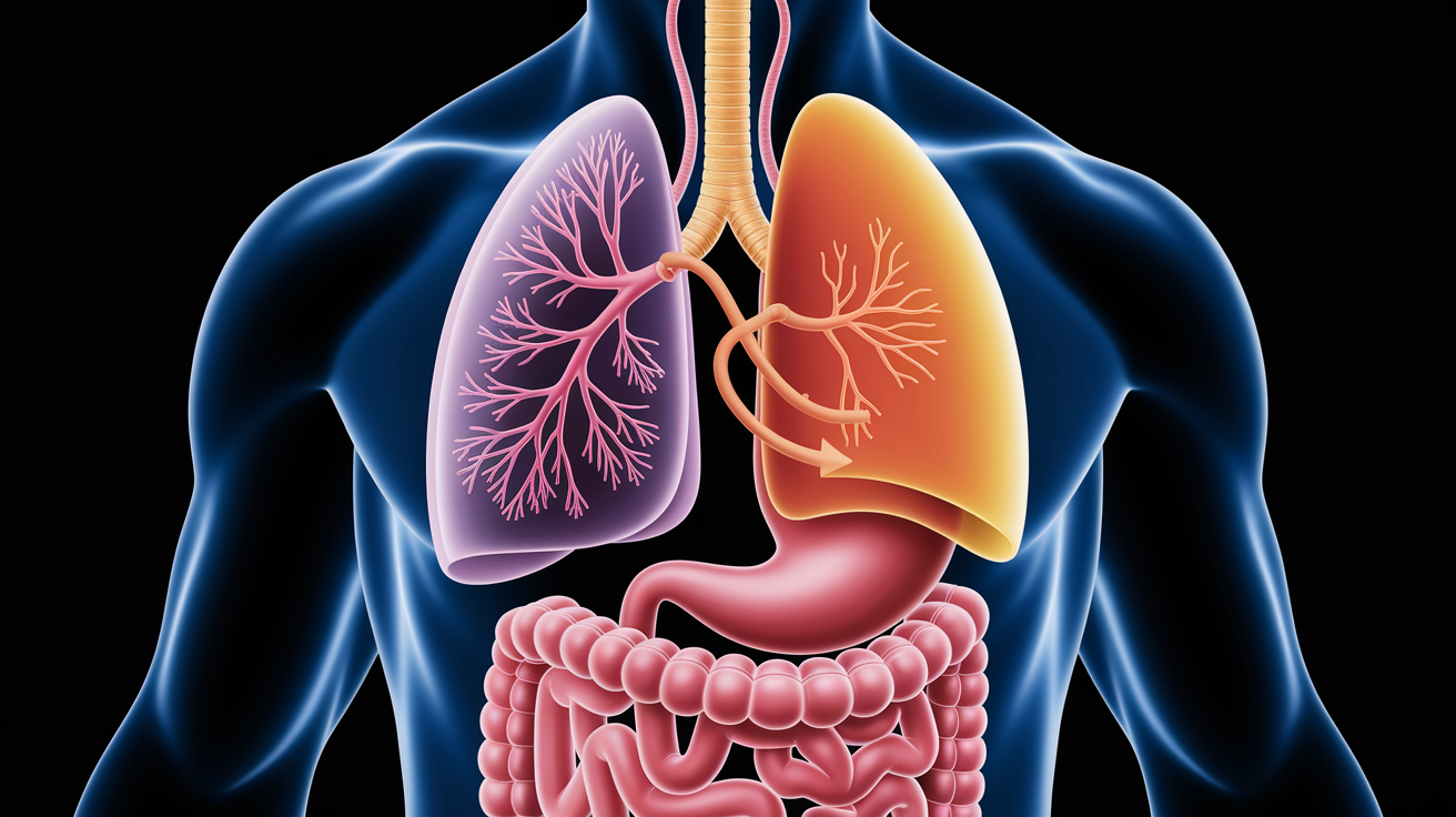 A conceptual illustration representing Respiratory and Digestive Influences. Visualize the main ideas: . Creative but clear representation of the concept. Style: photorealistic. high quality, detailed, professional, clean composition, good lighting, sharp focus, well-composed. high quality, professional, detailed, well-composed