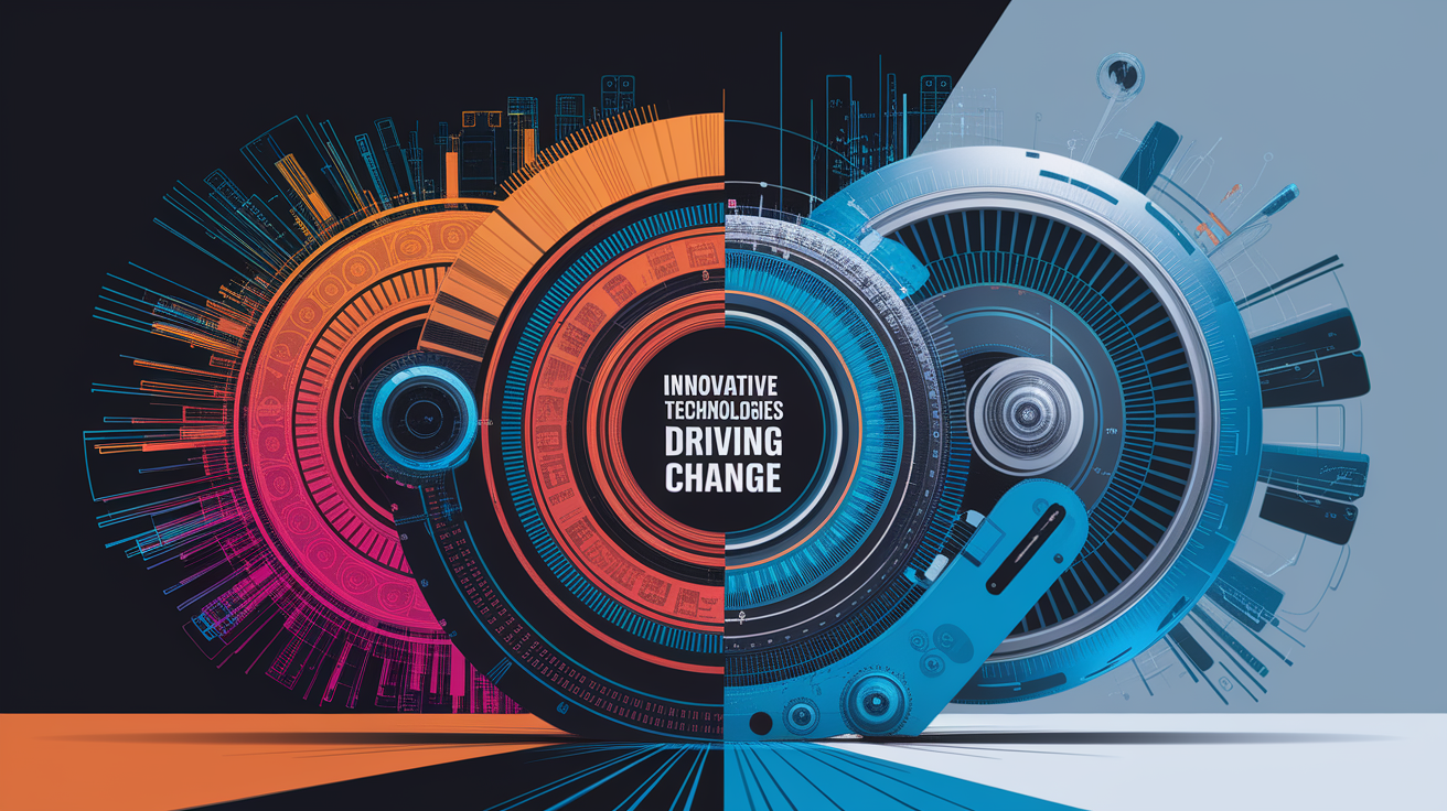 A conceptual illustration representing Innovative Technologies Driving Change. Visualize the main ideas: . Creative but clear representation of the concept. Style: Visual Theme: Clean, modern aesthetic with high contrast and vibrant energy. Emphasize the intersect. high quality, detailed, professional, clean composition, good lighting, sharp focus, well-composed. high quality, professional, detailed, well-composed