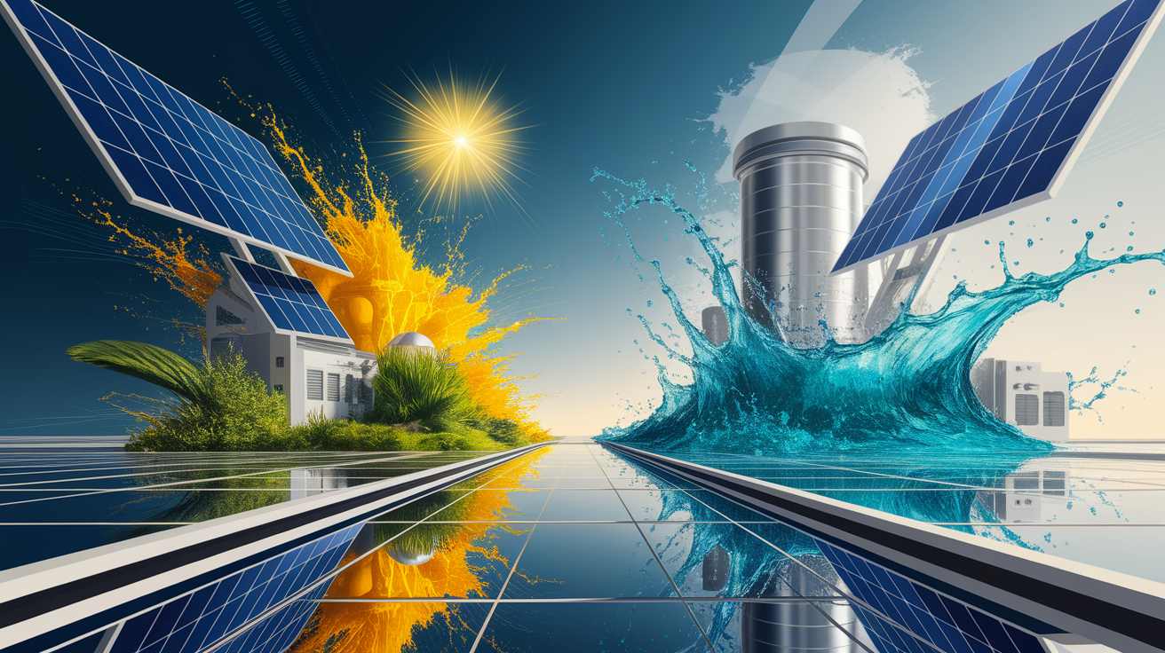 A conceptual illustration representing Cutting-Edge Technologies in Solar Desalination. Visualize the main ideas: . Creative but clear representation of the concept. Style: Visual Theme: Clean, modern aesthetic with high contrast and vibrant energy. Emphasize the intersect. high quality, detailed, professional, clean composition, good lighting, sharp focus, well-composed. high quality, professional, detailed, well-composed