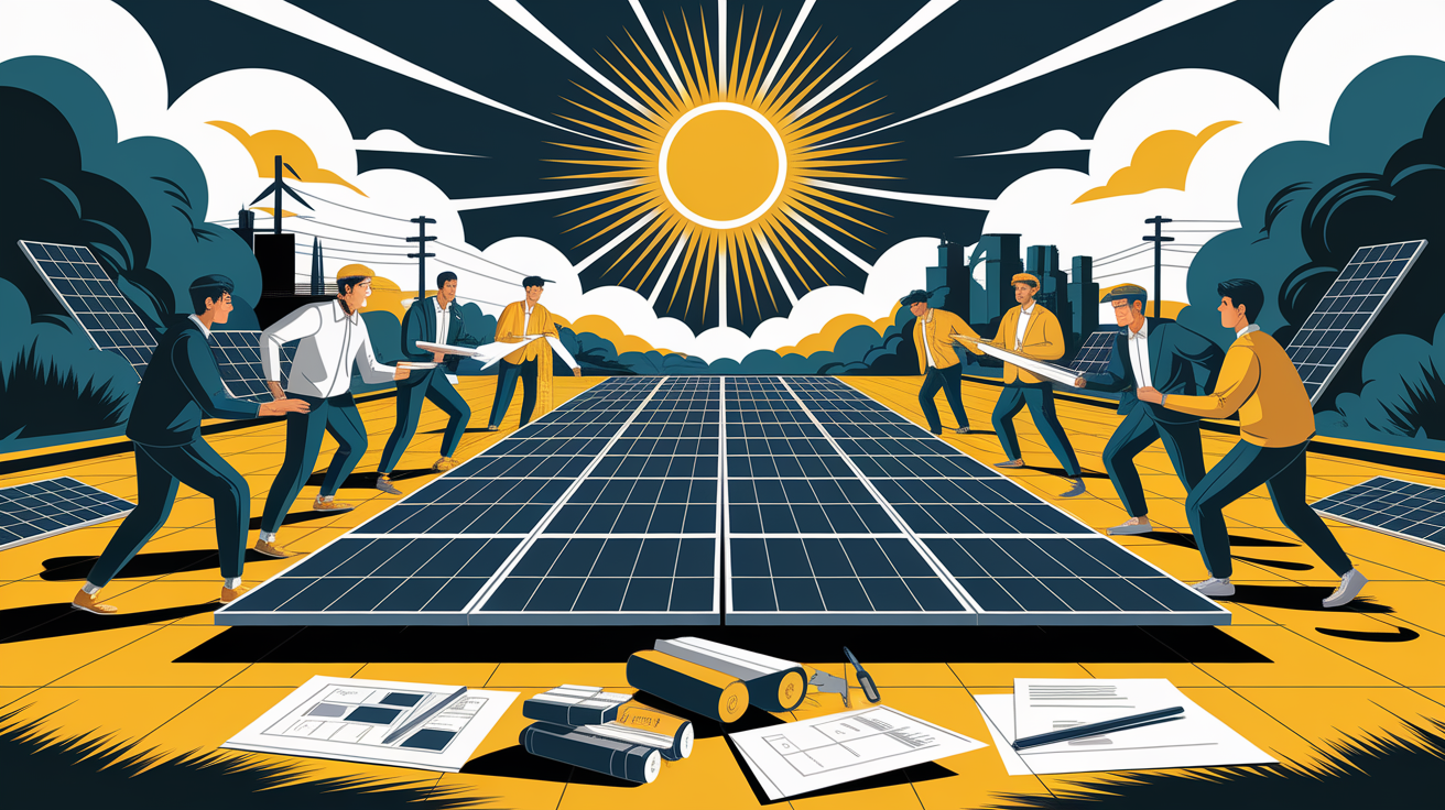 A conceptual illustration representing Overcoming Challenges in Solar Implementation. Visualize the main ideas: . Creative but clear representation of the concept. Style: Visual Theme: Clean, modern aesthetic with high contrast and vibrant energy. Emphasize the intersect. high quality, detailed, professional, clean composition, good lighting, sharp focus, well-composed. high quality, professional, detailed, well-composed