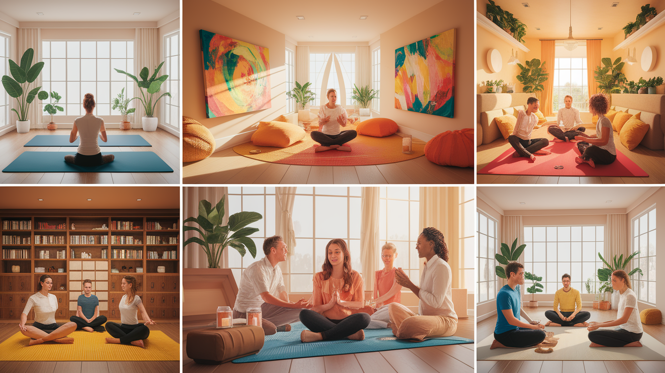 A conceptual illustration representing Activities and Therapies Offered. Visualize the main ideas: . Creative but clear representation of the concept. Style: photorealistic. high quality, detailed, professional, clean composition, good lighting, sharp focus, well-composed. high quality, professional, detailed, well-composed