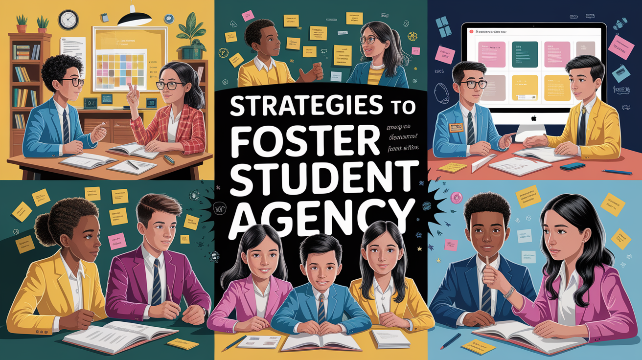 A conceptual illustration representing Strategies to Foster Student Agency. Visualize the main ideas: . Creative but clear representation of the concept. Style: photorealistic. high quality, detailed, professional, clean composition, good lighting, sharp focus, well-composed. high quality, professional, detailed, well-composed