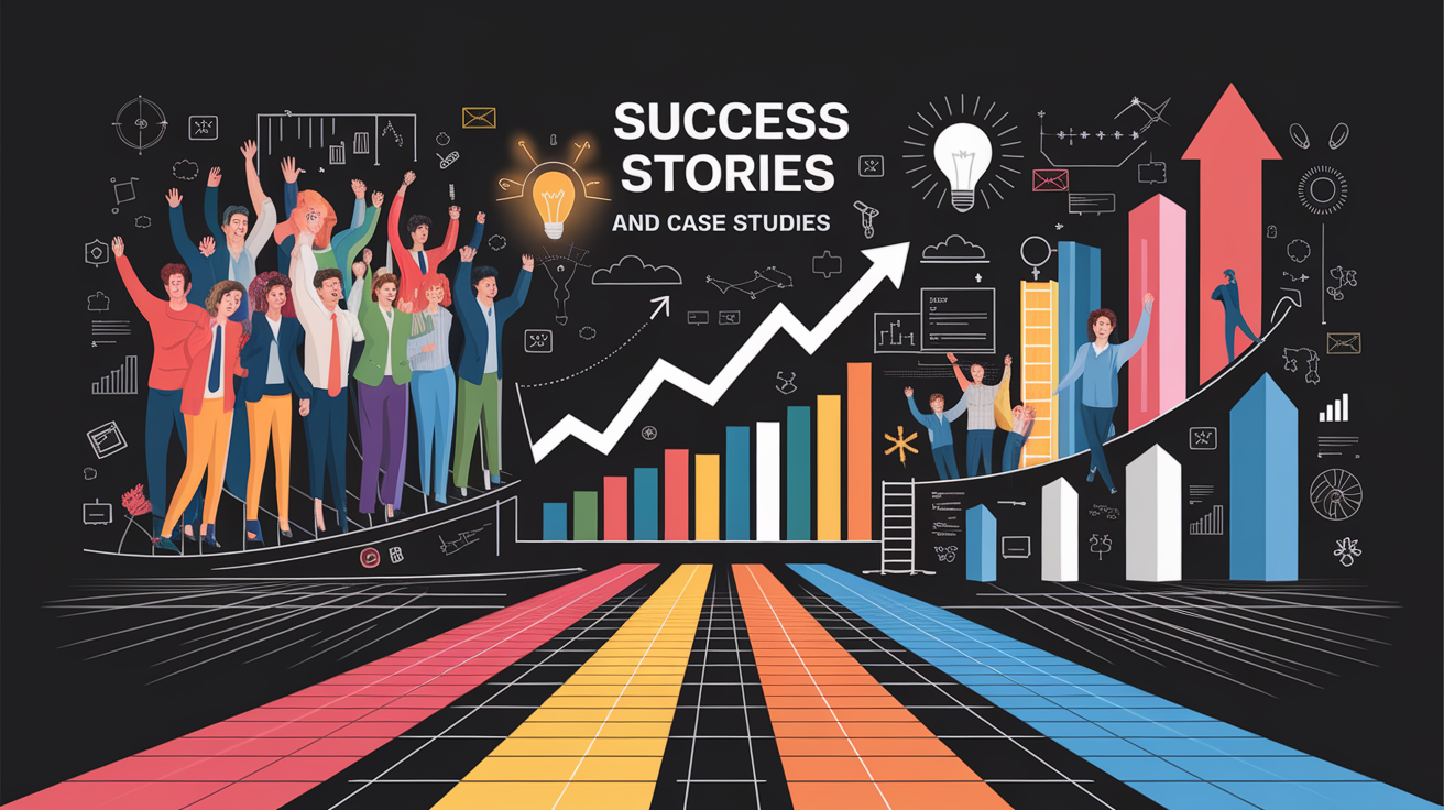 A conceptual illustration representing Success Stories and Case Studies. Visualize the main ideas: . Creative but clear representation of the concept. Style: Visual Theme: Clean, modern aesthetic with high contrast and vibrant energy. Emphasize the intersect. high quality, detailed, professional, clean composition, good lighting, sharp focus, well-composed. high quality, professional, detailed, well-composed