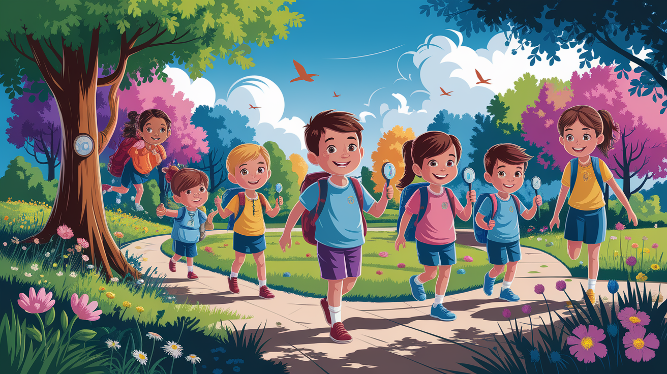 A conceptual illustration representing Junior School Outdoor Adventures. Visualize the main ideas: . Creative but clear representation of the concept. Style: photorealistic. high quality, detailed, professional, clean composition, good lighting, sharp focus, well-composed. high quality, professional, detailed, well-composed