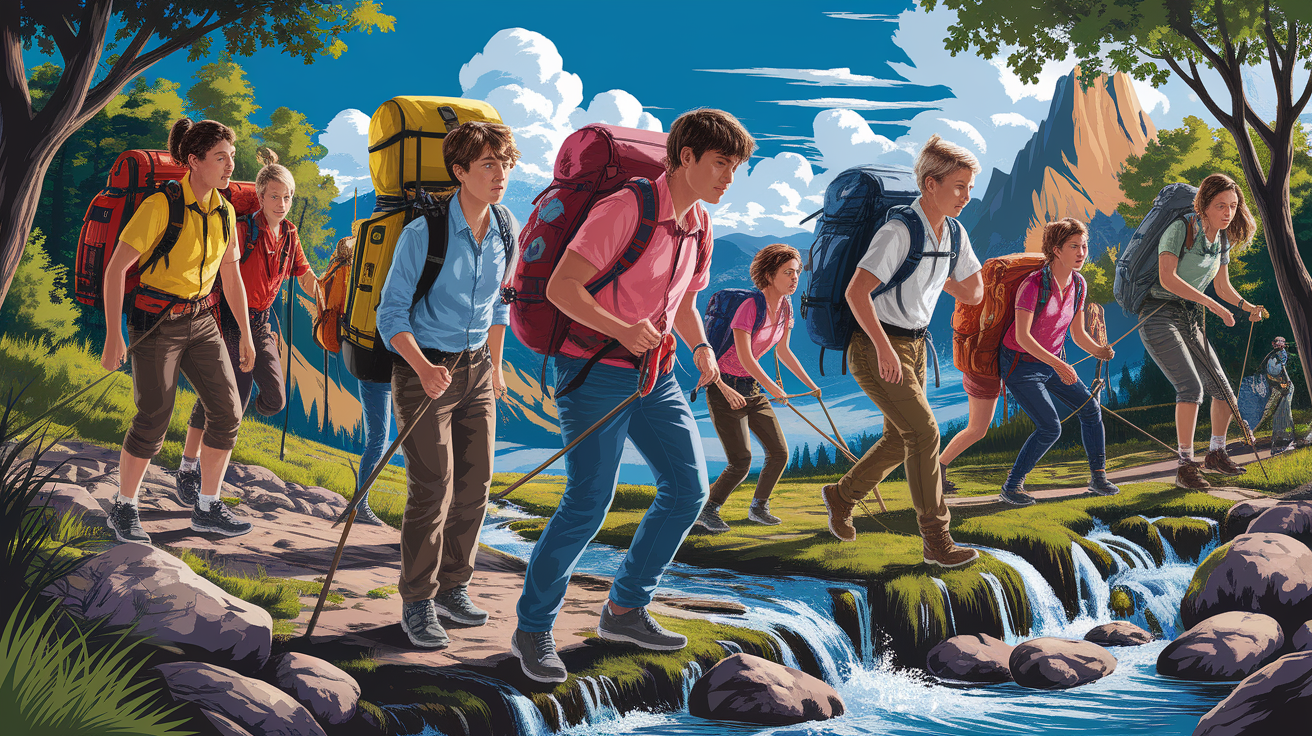 A conceptual illustration representing Senior School Outdoor Leadership. Visualize the main ideas: . Creative but clear representation of the concept. Style: photorealistic. high quality, detailed, professional, clean composition, good lighting, sharp focus, well-composed. high quality, professional, detailed, well-composed