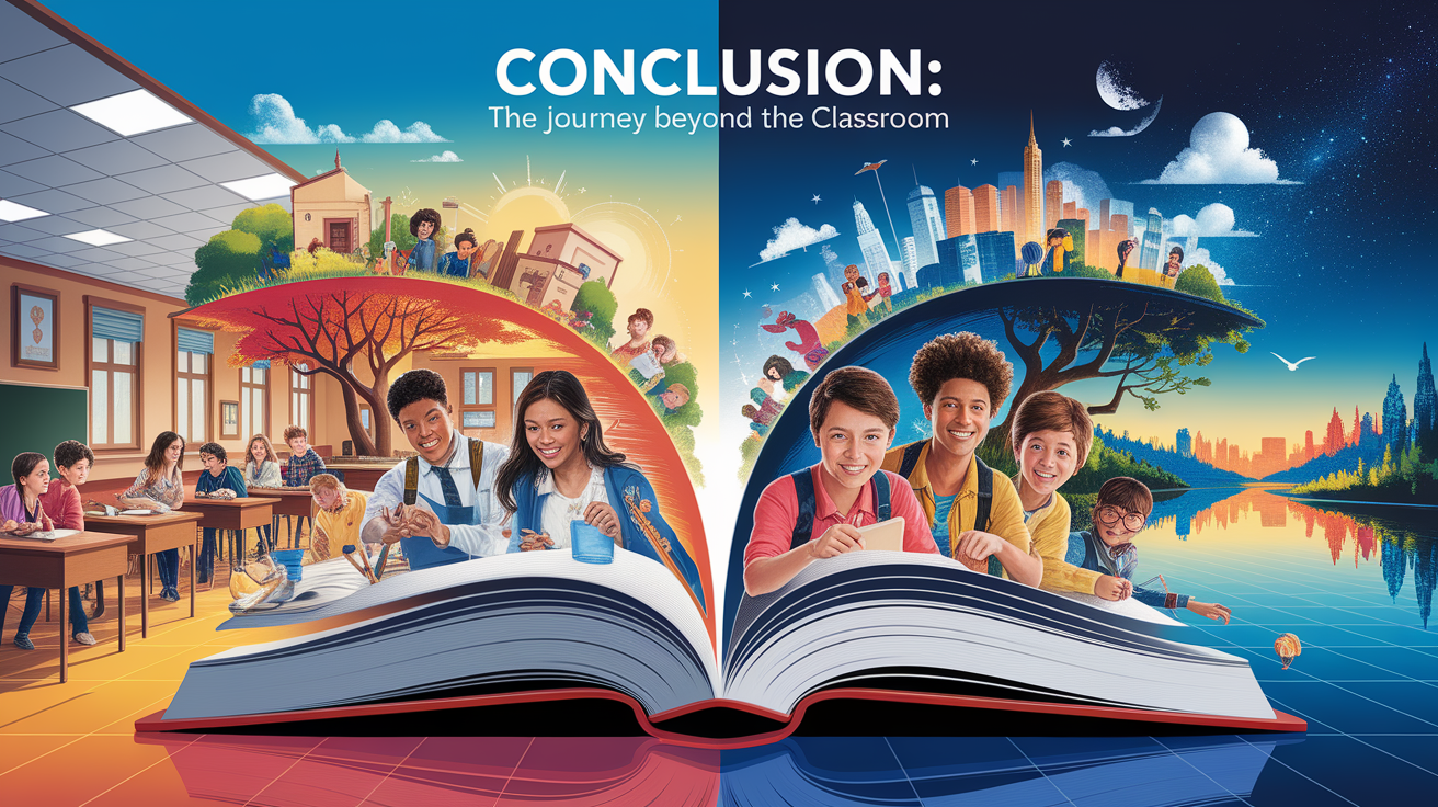 A conceptual illustration representing Conclusion: The Journey Beyond the Classroom. Visualize the main ideas: . Creative but clear representation of the concept. Style: photorealistic. high quality, detailed, professional, clean composition, good lighting, sharp focus, well-composed. high quality, professional, detailed, well-composed