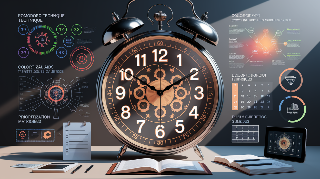 A conceptual illustration representing Time Management Techniques. Visualize the main ideas: . Creative but clear representation of the concept. Style: photorealistic. high quality, detailed, professional, clean composition, good lighting, sharp focus, well-composed. high quality, professional, detailed, well-composed