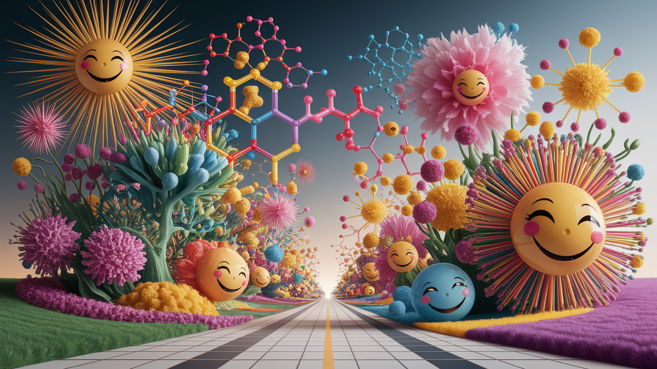A conceptual illustration representing The Chemistry of Happiness. Visualize the main ideas: . Creative but clear representation of the concept. Style: photorealistic. high quality, detailed, professional, clean composition, good lighting, sharp focus, well-composed. high quality, professional, detailed, well-composed
