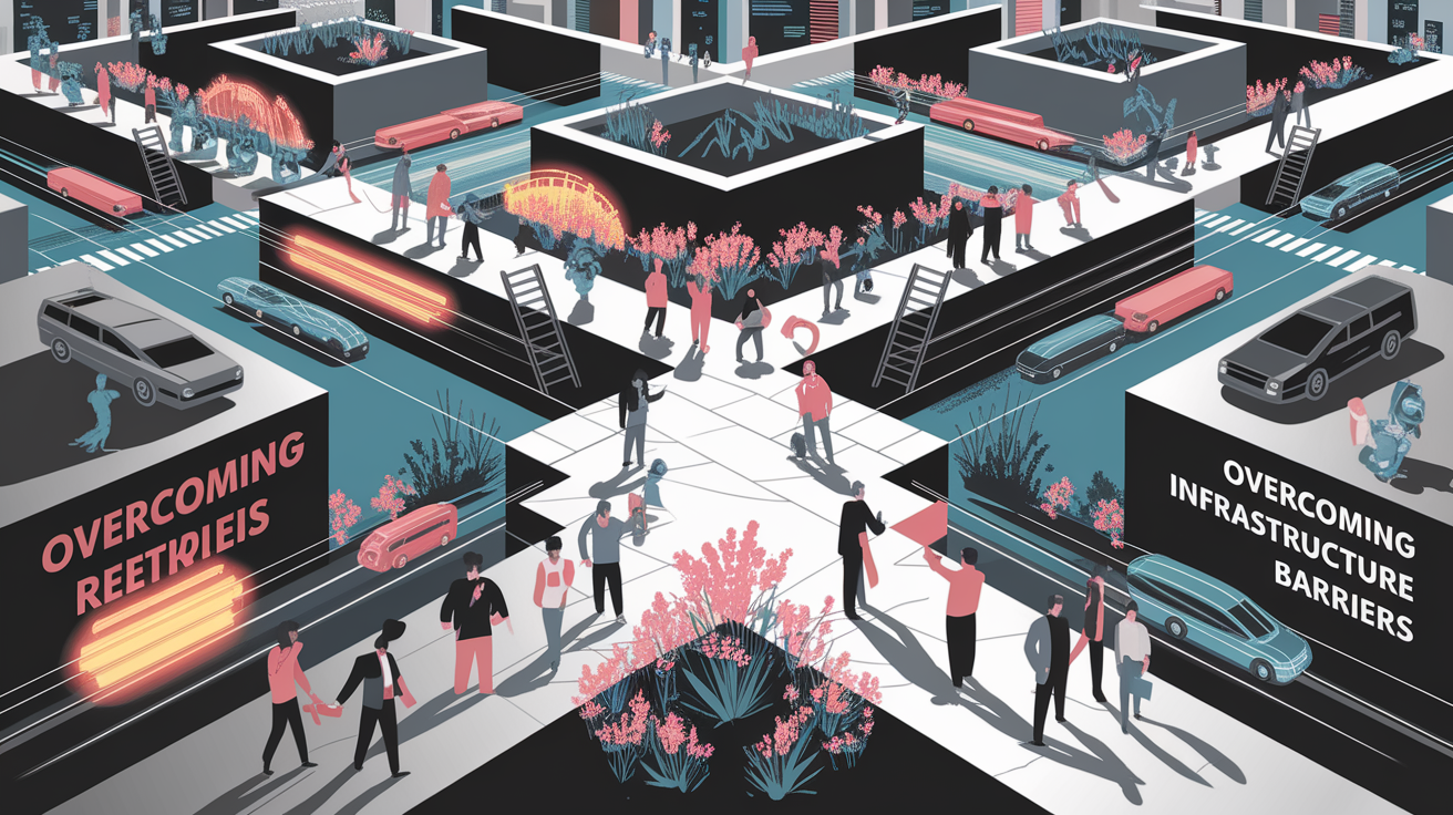 A conceptual illustration representing Overcoming Infrastructure Barriers. Visualize the main ideas: . Creative but clear representation of the concept. Style: Visual Theme: Clean, modern aesthetic with high contrast and vibrant energy. Emphasize the intersect. high quality, detailed, professional, clean composition, good lighting, sharp focus, well-composed. high quality, professional, detailed, well-composed