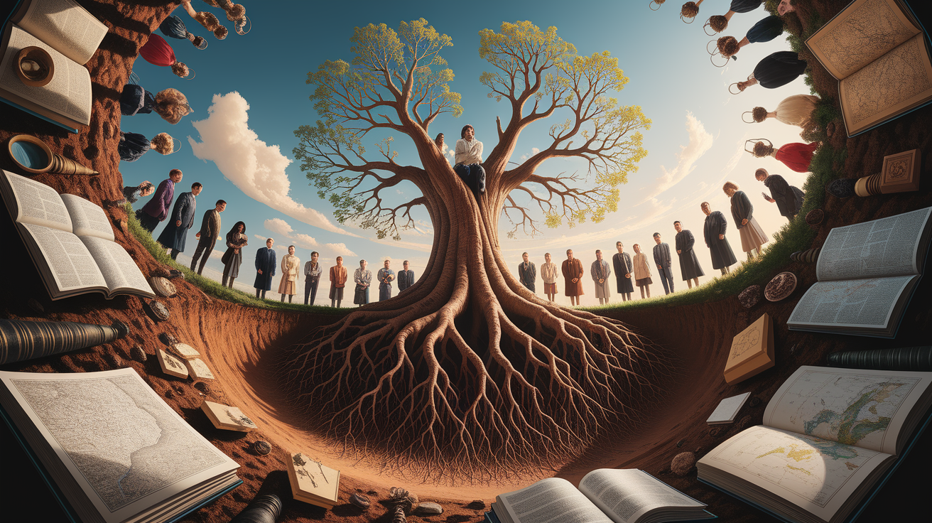 A conceptual illustration representing Tracing the Roots: Where Did It All Begin?. Visualize the main ideas: . Creative but clear representation of the concept. Style: photorealistic. high quality, detailed, professional, clean composition, good lighting, sharp focus, well-composed. high quality, professional, detailed, well-composed