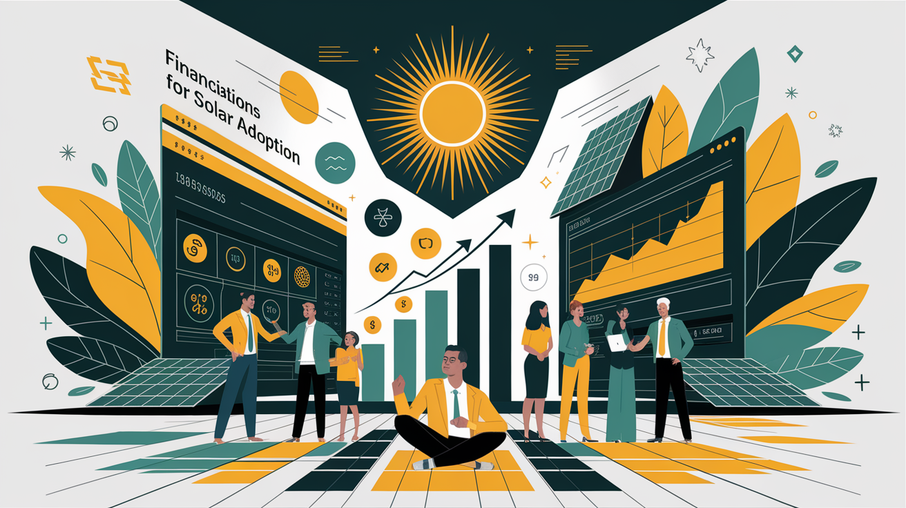 A conceptual illustration representing Financial Solutions for Solar Adoption. Visualize the main ideas: . Creative but clear representation of the concept. Style: Visual Theme: Clean, modern aesthetic with high contrast and vibrant energy. Emphasize the intersect. high quality, detailed, professional, clean composition, good lighting, sharp focus, well-composed. high quality, professional, detailed, well-composed