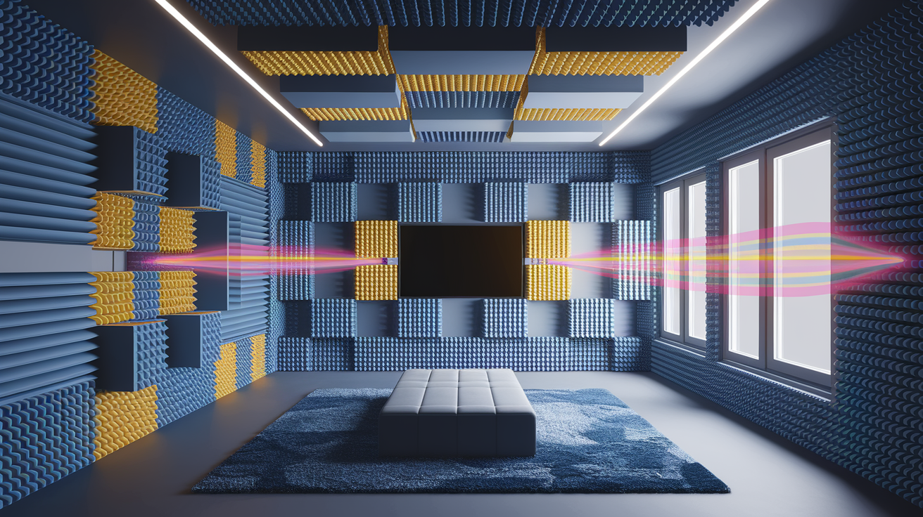 A conceptual illustration representing The Science Behind Soundproofing. Visualize the main ideas: . Creative but clear representation of the concept. Style: photorealistic. high quality, detailed, professional, clean composition, good lighting, sharp focus, well-composed. high quality, professional, detailed, well-composed