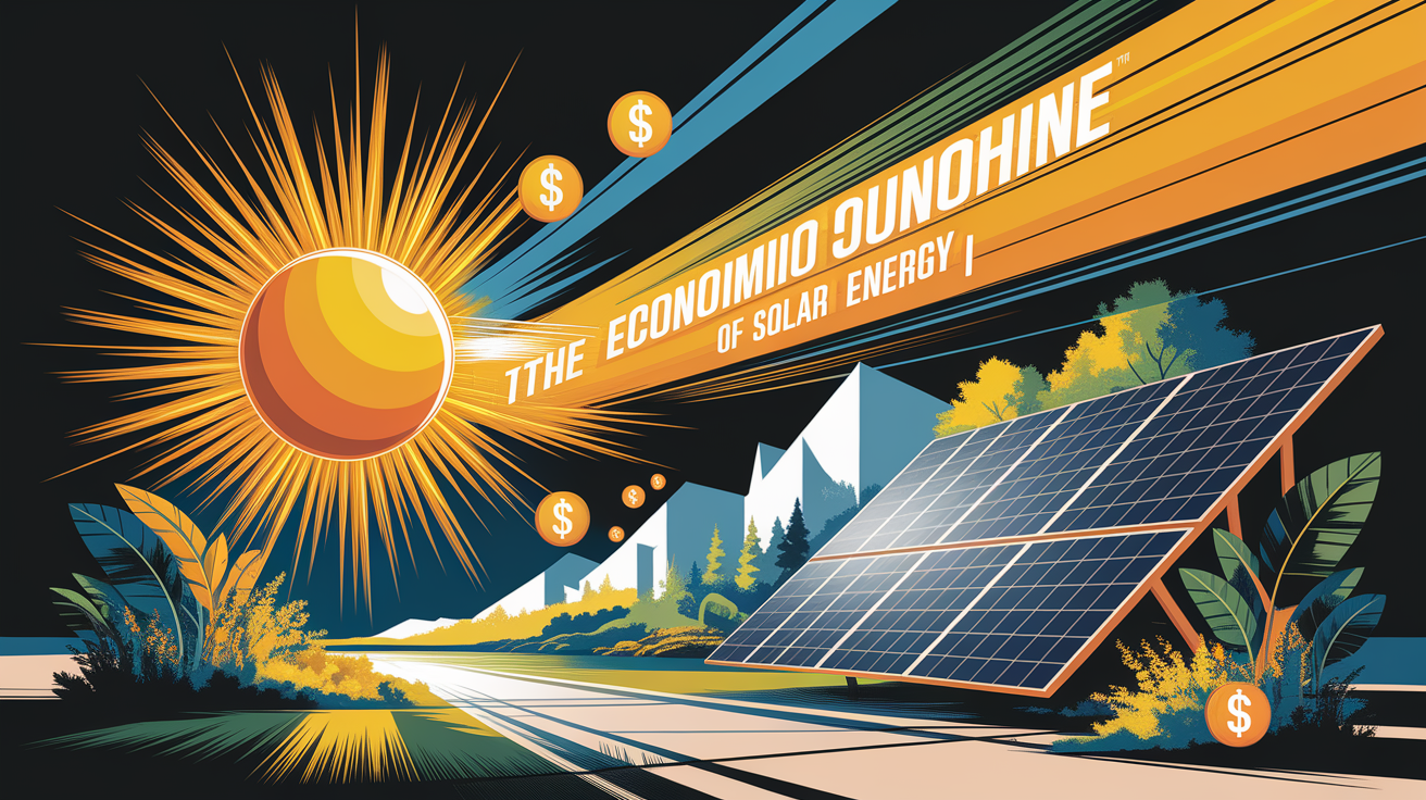 A conceptual illustration representing The Economic Sunshine of Solar Energy. Visualize the main ideas: . Creative but clear representation of the concept. Style: Visual Theme: Clean, modern aesthetic with high contrast and vibrant energy. Emphasize the intersect. high quality, detailed, professional, clean composition, good lighting, sharp focus, well-composed. high quality, professional, detailed, well-composed