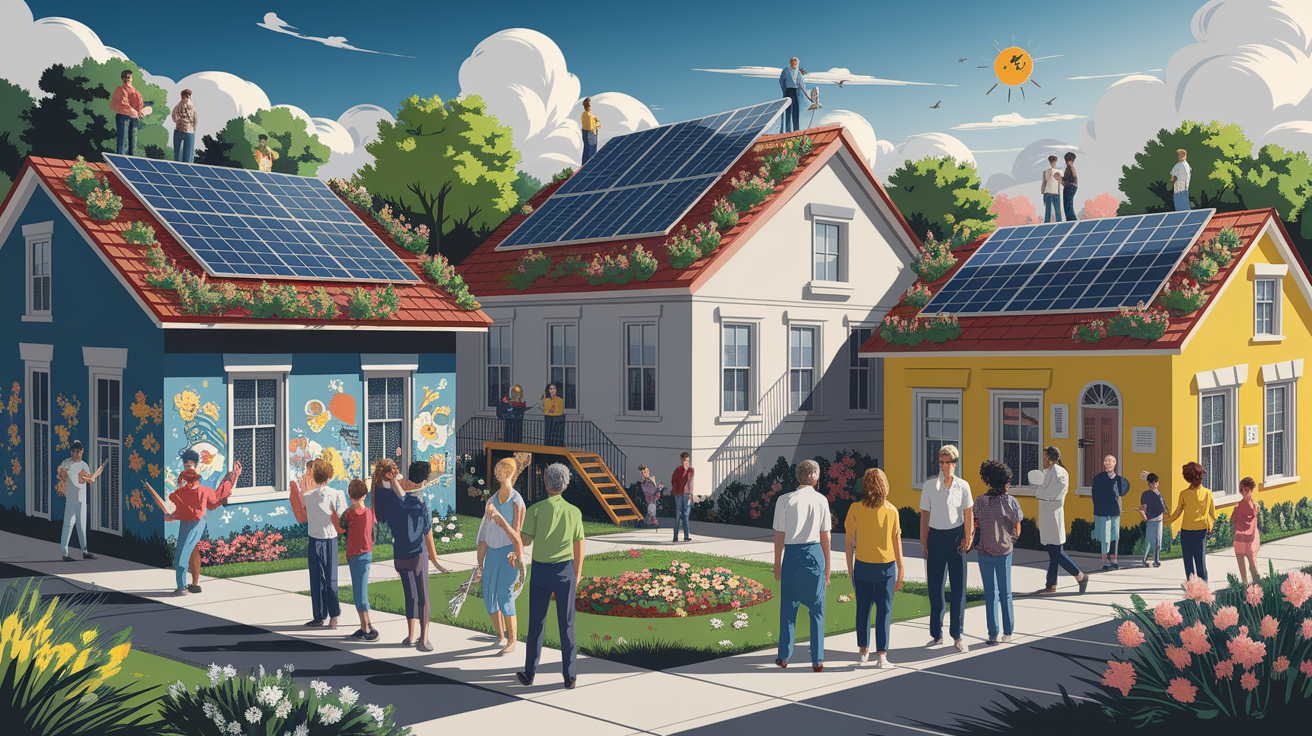A conceptual illustration representing Community Revitalization Through Solar Projects. Visualize the main ideas: . Creative but clear representation of the concept. Style: Visual Theme: Clean, modern aesthetic with high contrast and vibrant energy. Emphasize the intersect. high quality, detailed, professional, clean composition, good lighting, sharp focus, well-composed. high quality, professional, detailed, well-composed