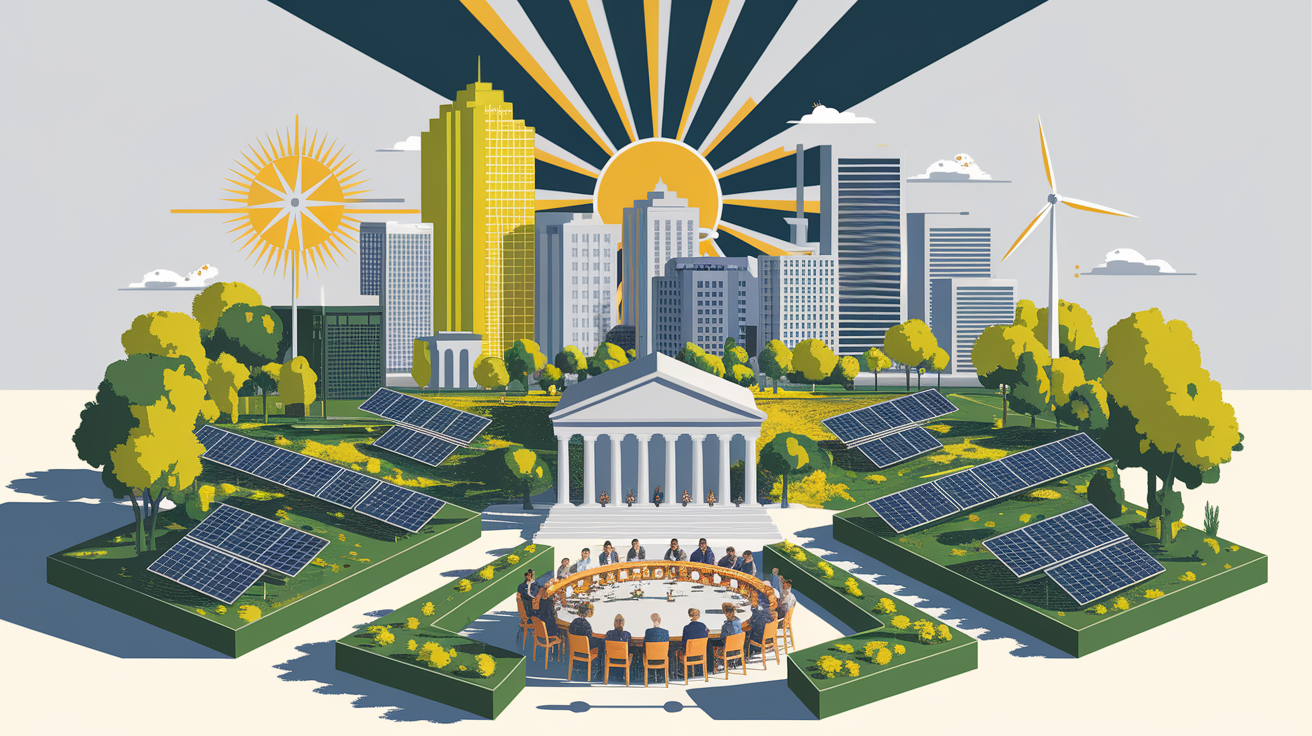 A conceptual illustration representing Solar Energy and Local Government Benefits. Visualize the main ideas: . Creative but clear representation of the concept. Style: Visual Theme: Clean, modern aesthetic with high contrast and vibrant energy. Emphasize the intersect. high quality, detailed, professional, clean composition, good lighting, sharp focus, well-composed. high quality, professional, detailed, well-composed