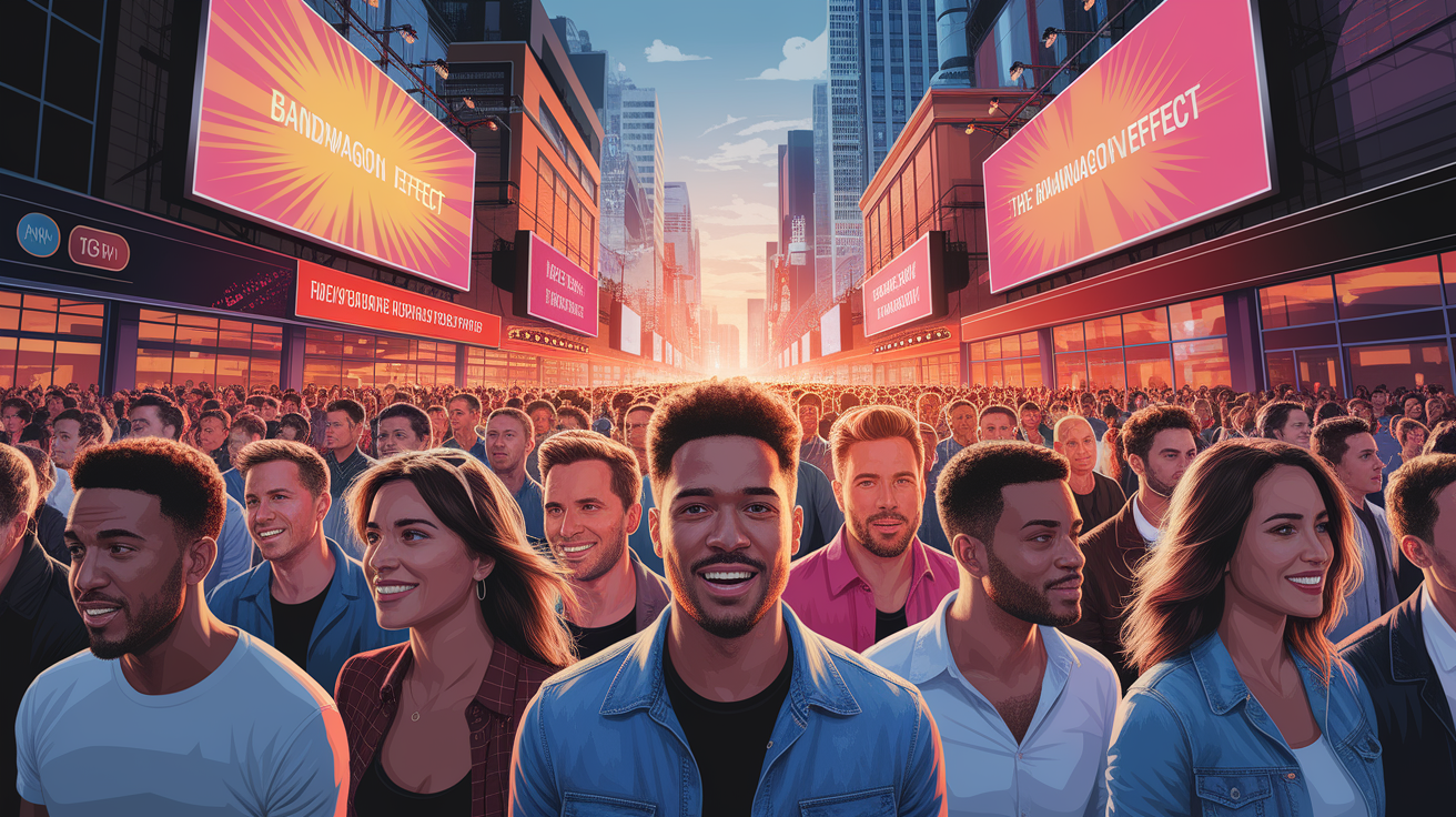 A conceptual illustration representing The Psychology Behind the Bandwagon Effect. Visualize the main ideas: . Creative but clear representation of the concept. Style: photorealistic. high quality, detailed, professional, clean composition, good lighting, sharp focus, well-composed. high quality, professional, detailed, well-composed