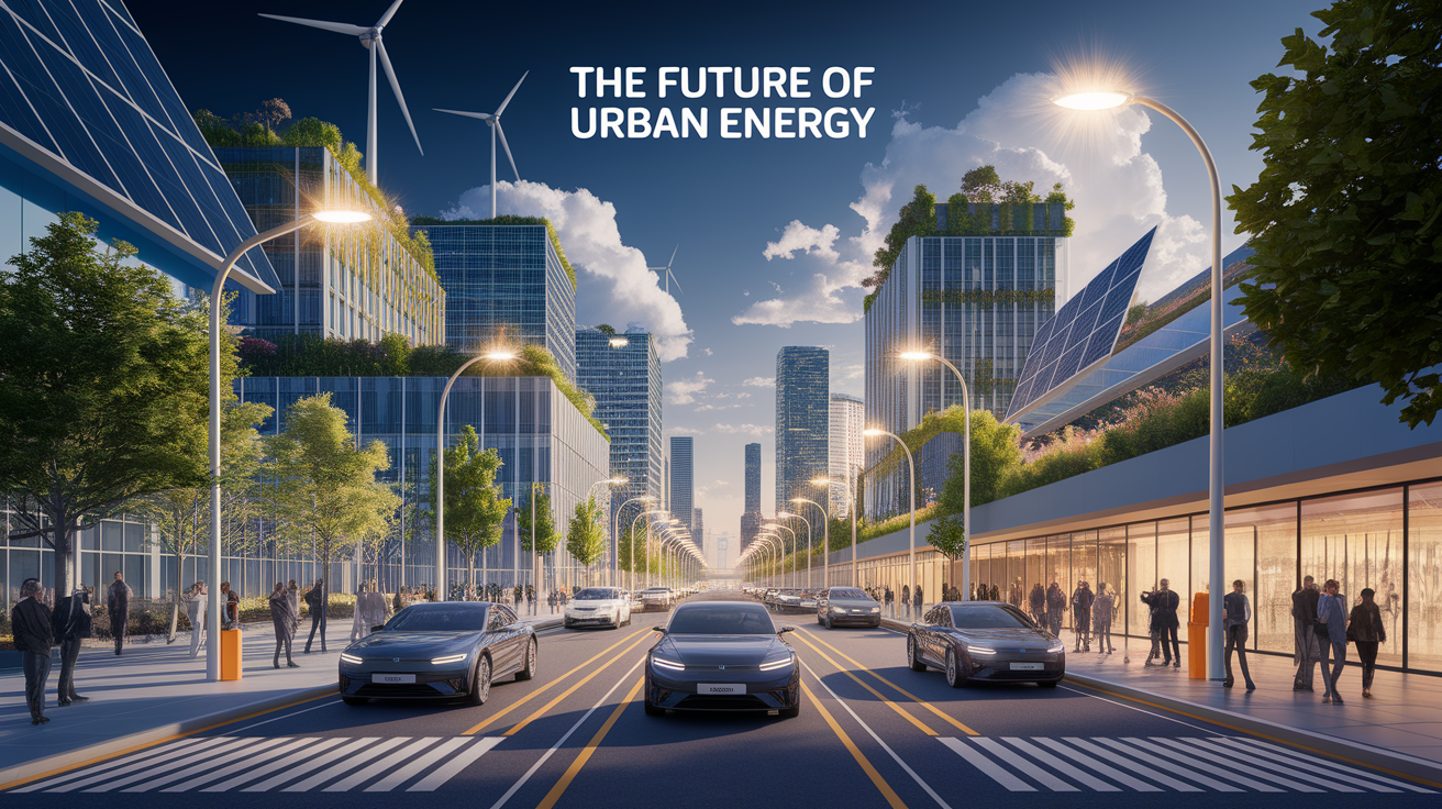 A conceptual illustration representing The Future of Urban Energy. Visualize the main ideas: . Creative but clear representation of the concept. Style: Visual Theme: Clean, modern aesthetic with high contrast and vibrant energy. Emphasize the intersect. high quality, detailed, professional, clean composition, good lighting, sharp focus, well-composed. high quality, professional, detailed, well-composed