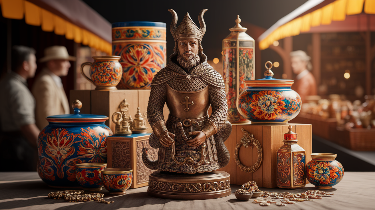 A conceptual illustration representing Iconic Saint George Gifts and Souvenirs. Visualize the main ideas: . Creative but clear representation of the concept. Style: photorealistic. high quality, detailed, professional, clean composition, good lighting, sharp focus, well-composed. high quality, professional, detailed, well-composed