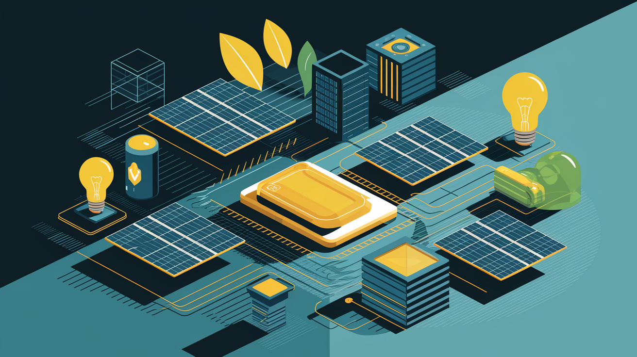 A conceptual illustration representing Key Technologies in Solar Integration. Visualize the main ideas: . Creative but clear representation of the concept. Style: Visual Theme: Clean, modern aesthetic with high contrast and vibrant energy. Emphasize the intersect. high quality, detailed, professional, clean composition, good lighting, sharp focus, well-composed. high quality, professional, detailed, well-composed