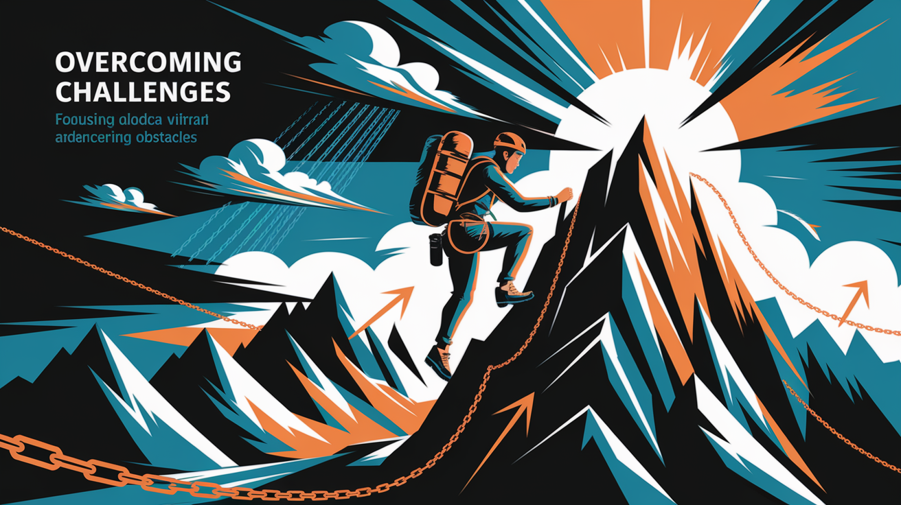 A conceptual illustration representing Overcoming Challenges. Visualize the main ideas: . Creative but clear representation of the concept. Style: Visual Theme: Clean, modern aesthetic with high contrast and vibrant energy. Emphasize the intersect. high quality, detailed, professional, clean composition, good lighting, sharp focus, well-composed. high quality, professional, detailed, well-composed