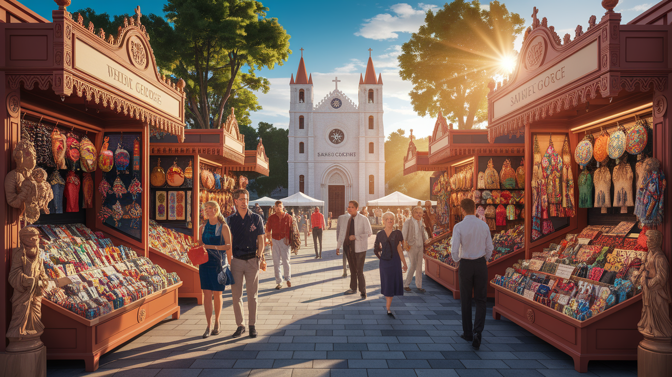 A conceptual illustration representing Where to Find Saint George Souvenirs. Visualize the main ideas: . Creative but clear representation of the concept. Style: photorealistic. high quality, detailed, professional, clean composition, good lighting, sharp focus, well-composed. high quality, professional, detailed, well-composed