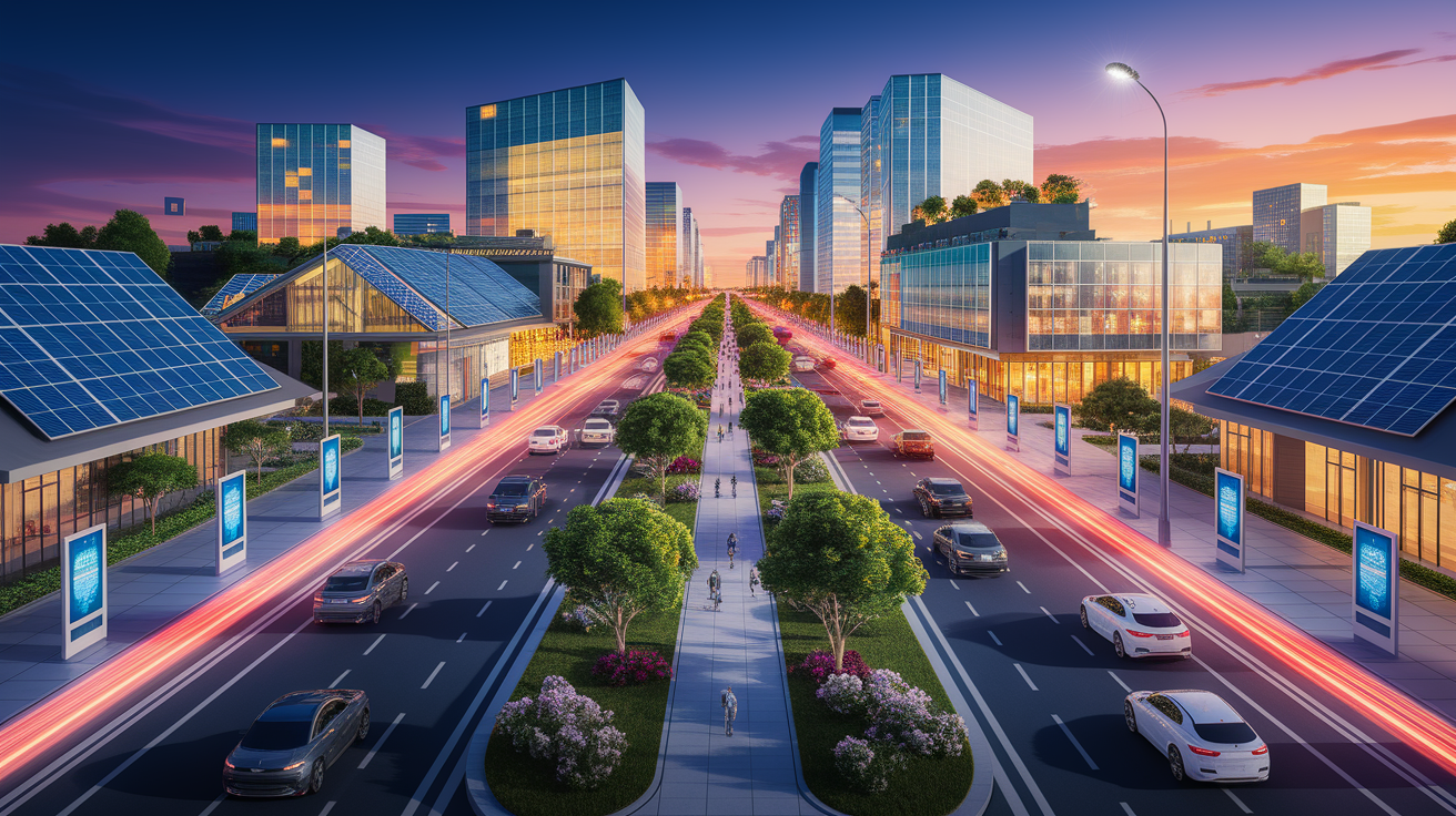 A conceptual illustration representing Case Studies of Solar-Powered Smart Cities. Visualize the main ideas: . Creative but clear representation of the concept. Style: Visual Theme: Clean, modern aesthetic with high contrast and vibrant energy. Emphasize the intersect. high quality, detailed, professional, clean composition, good lighting, sharp focus, well-composed. high quality, professional, detailed, well-composed