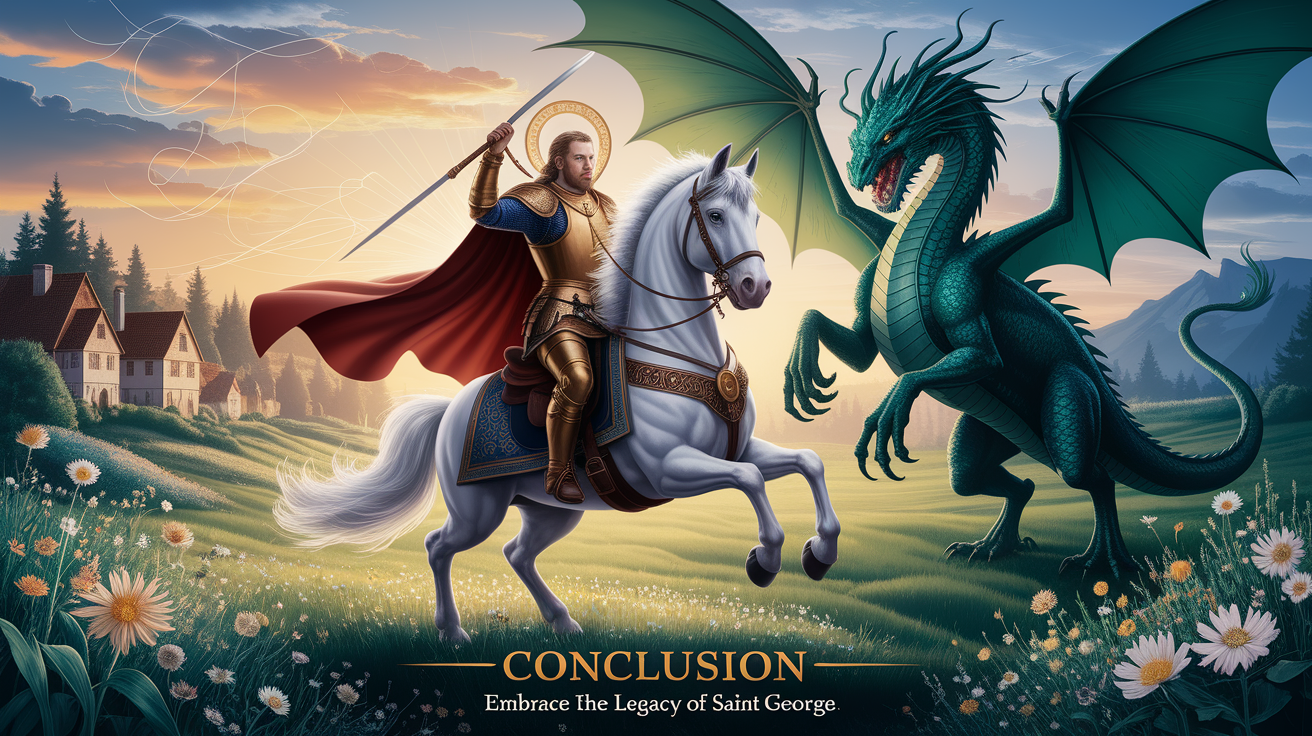 A conceptual illustration representing Conclusion - Embrace the Legacy of Saint George. Visualize the main ideas: . Creative but clear representation of the concept. Style: photorealistic. high quality, detailed, professional, clean composition, good lighting, sharp focus, well-composed. high quality, professional, detailed, well-composed