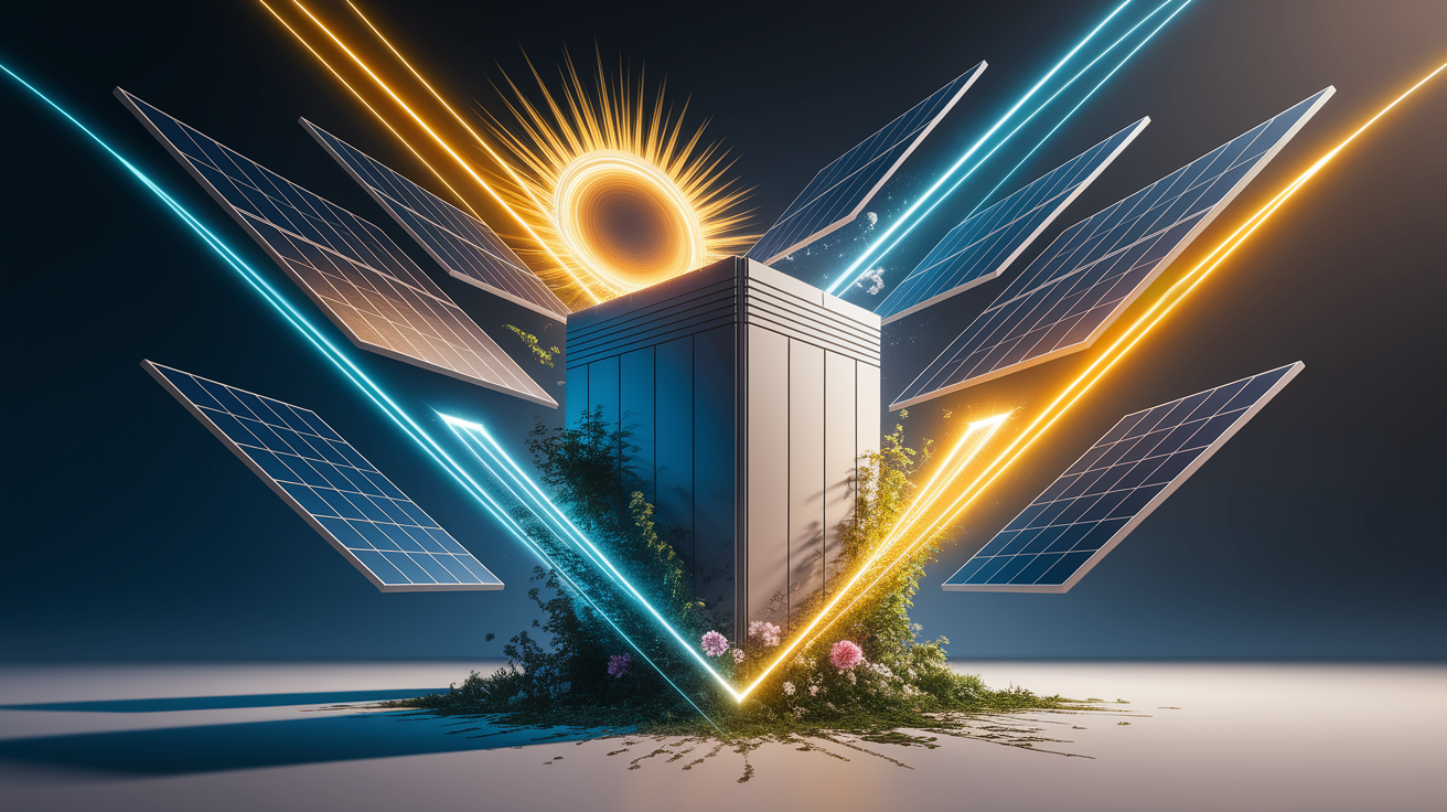 A conceptual illustration representing The Heart of Solar Storage. Visualize the main ideas: . Creative but clear representation of the concept. Style: Visual Theme: Clean, modern aesthetic with high contrast and vibrant energy. Emphasize the intersect. high quality, detailed, professional, clean composition, good lighting, sharp focus, well-composed. high quality, professional, detailed, well-composed