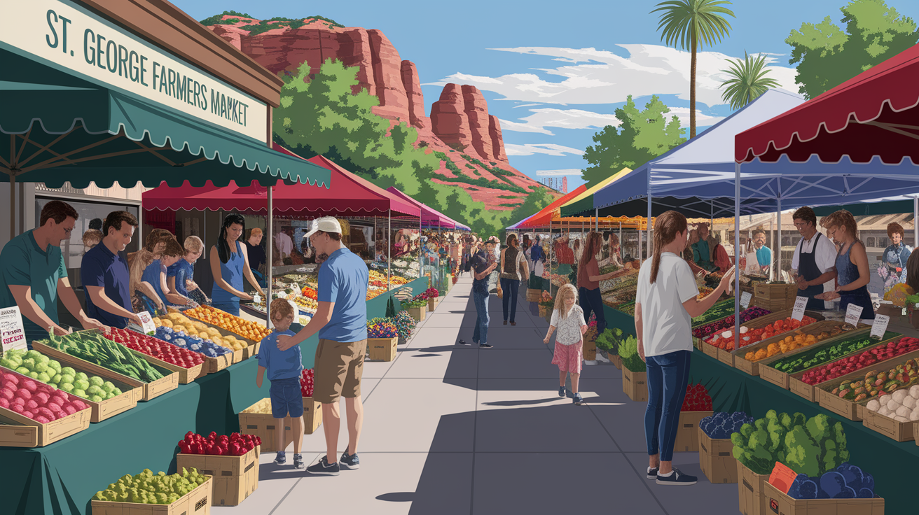 A conceptual illustration representing What to Expect at St. George Farmers Markets. Visualize the main ideas: . Creative but clear representation of the concept. Style: photorealistic. high quality, detailed, professional, clean composition, good lighting, sharp focus, well-composed. high quality, professional, detailed, well-composed