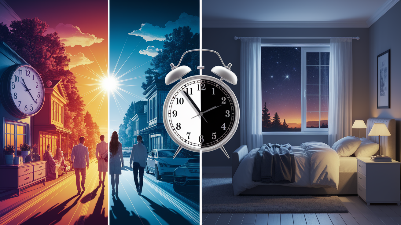 A side-by-side comparison visual for Interaction Between Circadian Rhythms and Sleep Homeostasis. Show contrasting elements: . Use clear visual separation, possibly with split-screen or before/after layout. Style: photorealistic. high quality, detailed, professional, clean composition, good lighting, sharp focus, well-composed. high quality, professional, detailed, well-composed