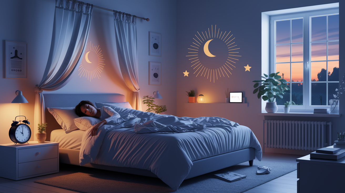 A conceptual illustration representing Maintaining Healthy Circadian Rhythms. Visualize the main ideas: . Creative but clear representation of the concept. Style: photorealistic. high quality, detailed, professional, clean composition, good lighting, sharp focus, well-composed. high quality, professional, detailed, well-composed