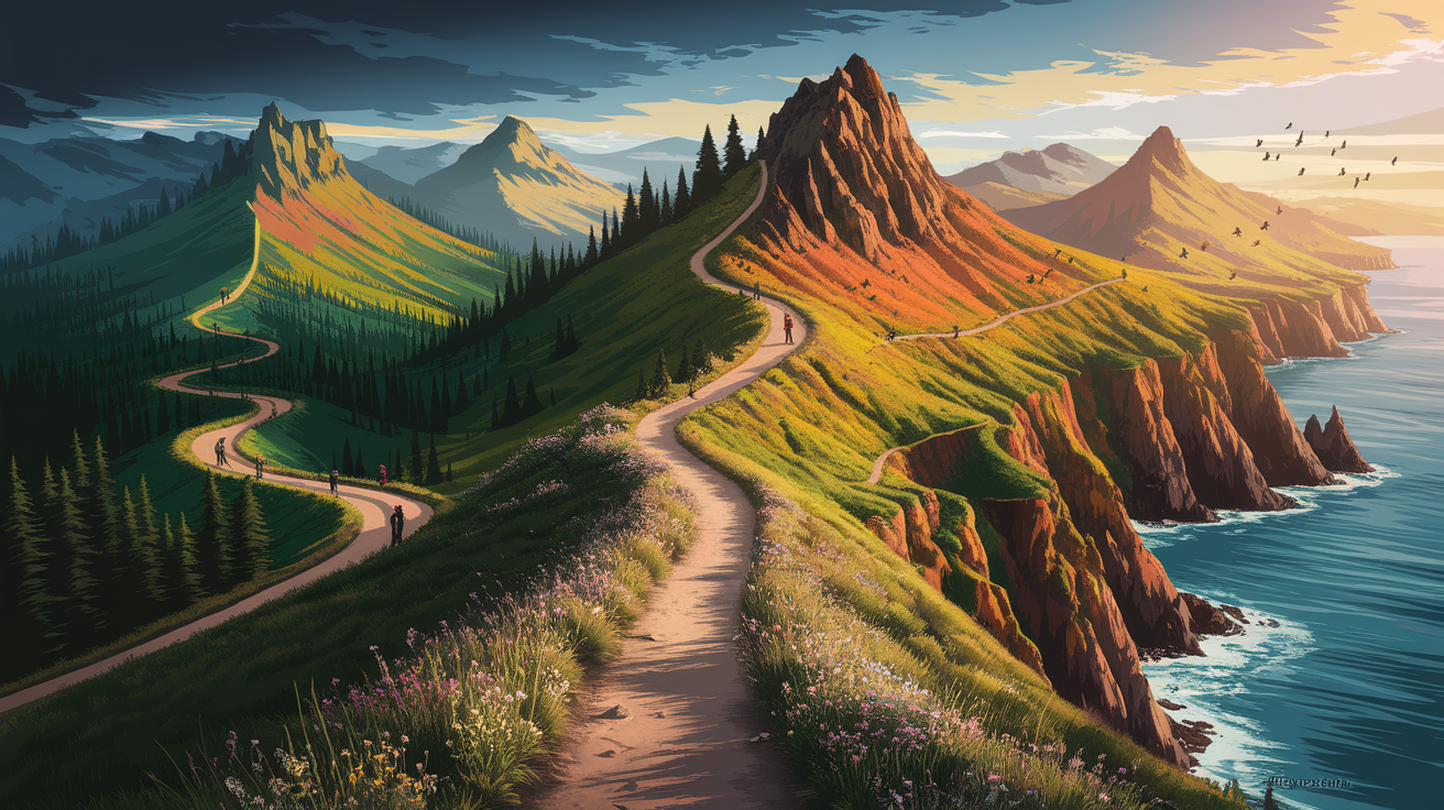 A conceptual illustration representing Iconic Trails to Explore. Visualize the main ideas: . Creative but clear representation of the concept. Style: photorealistic. high quality, detailed, professional, clean composition, good lighting, sharp focus, well-composed. high quality, professional, detailed, well-composed