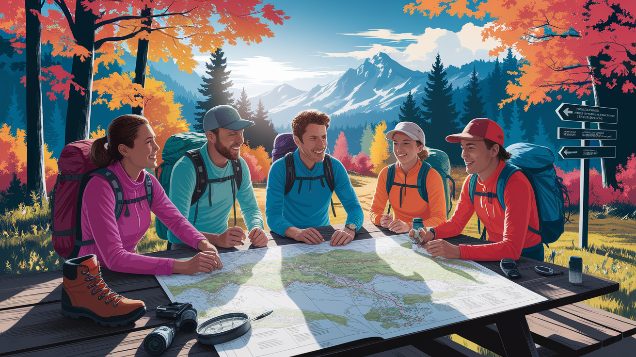 A conceptual illustration representing Planning Your Trail Adventure. Visualize the main ideas: . Creative but clear representation of the concept. Style: photorealistic. high quality, detailed, professional, clean composition, good lighting, sharp focus, well-composed. high quality, professional, detailed, well-composed
