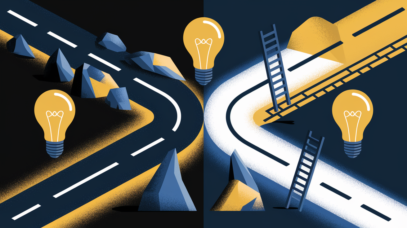 A conceptual illustration representing Challenges and Solutions. Visualize the main ideas: . Creative but clear representation of the concept. Style: Visual Theme: Clean, modern aesthetic with high contrast and vibrant energy. Emphasize the intersect. high quality, detailed, professional, clean composition, good lighting, sharp focus, well-composed. high quality, professional, detailed, well-composed