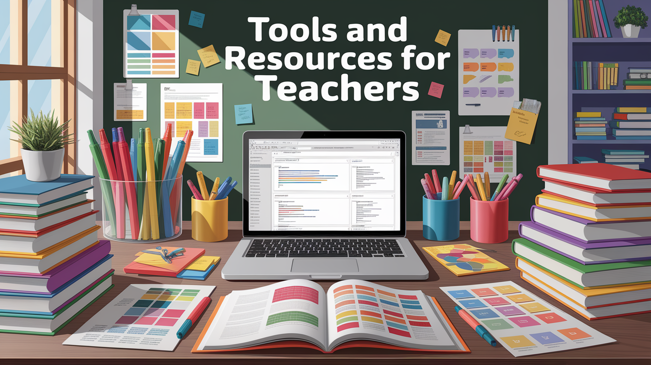 A conceptual illustration representing Tools and Resources for Teachers. Visualize the main ideas: . Creative but clear representation of the concept. Style: photorealistic. high quality, detailed, professional, clean composition, good lighting, sharp focus, well-composed. high quality, professional, detailed, well-composed