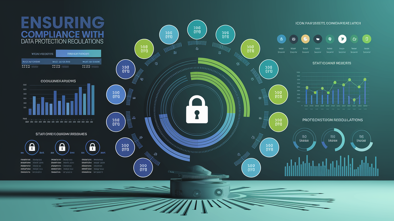 A clean, professional data visualization or infographic related to Ensuring Compliance with Data Protection Regulations. Include elements like charts, graphs, or statistical representations. Focus on . Style: photorealistic. high quality, detailed, professional, clean composition, good lighting, sharp focus, well-composed. high quality, professional, detailed, well-composed