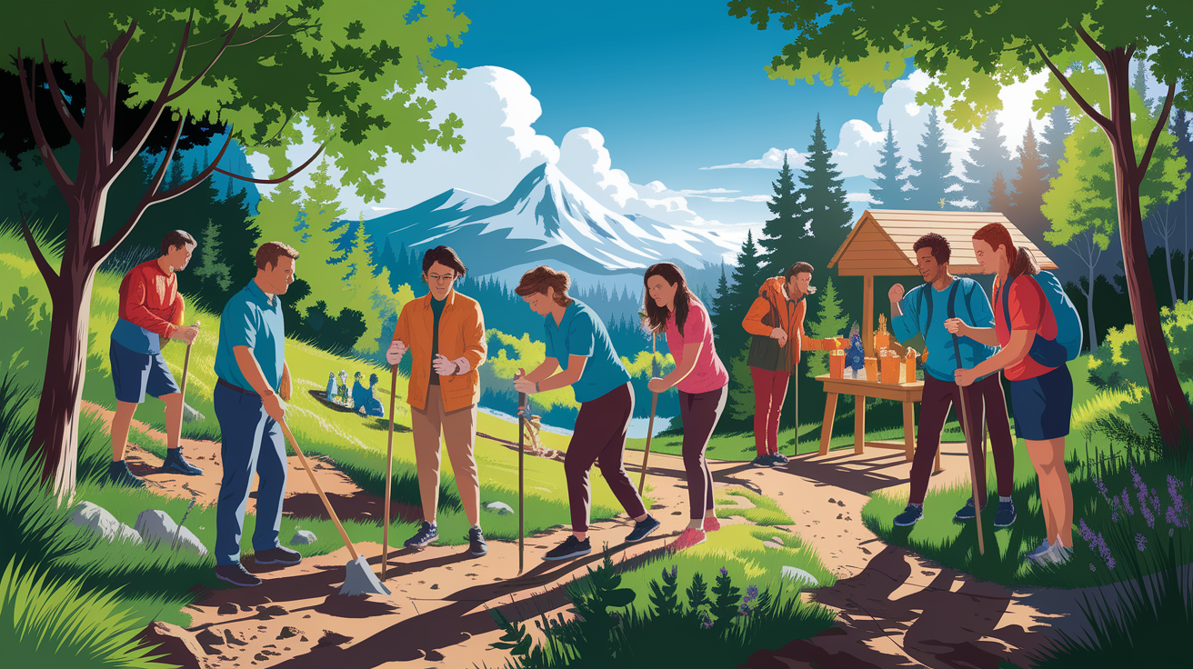 A conceptual illustration representing Community and Trail Support. Visualize the main ideas: . Creative but clear representation of the concept. Style: photorealistic. high quality, detailed, professional, clean composition, good lighting, sharp focus, well-composed. high quality, professional, detailed, well-composed