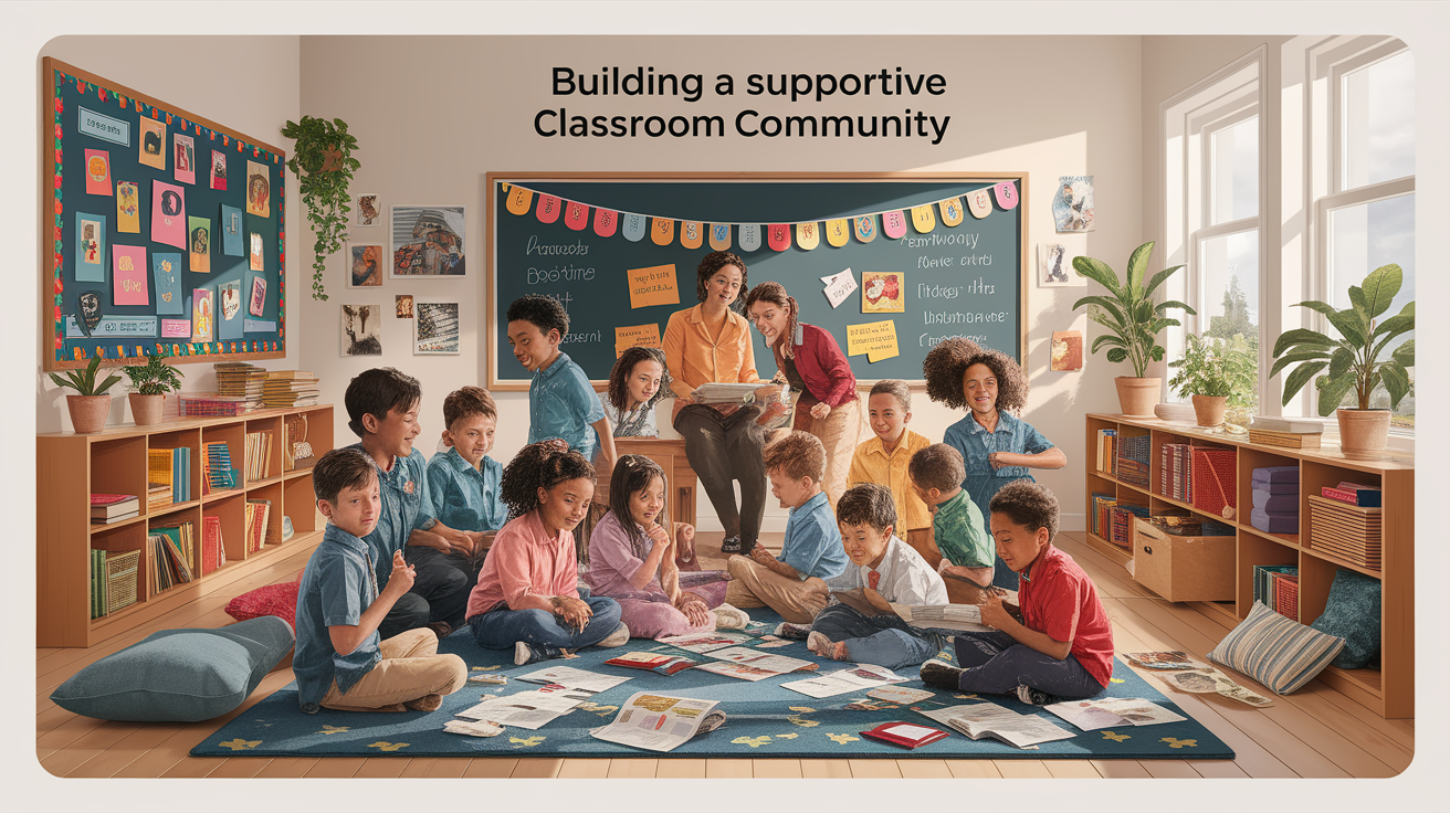 A conceptual illustration representing Building a Supportive Classroom Community. Visualize the main ideas: . Creative but clear representation of the concept. Style: photorealistic. high quality, detailed, professional, clean composition, good lighting, sharp focus, well-composed. high quality, professional, detailed, well-composed