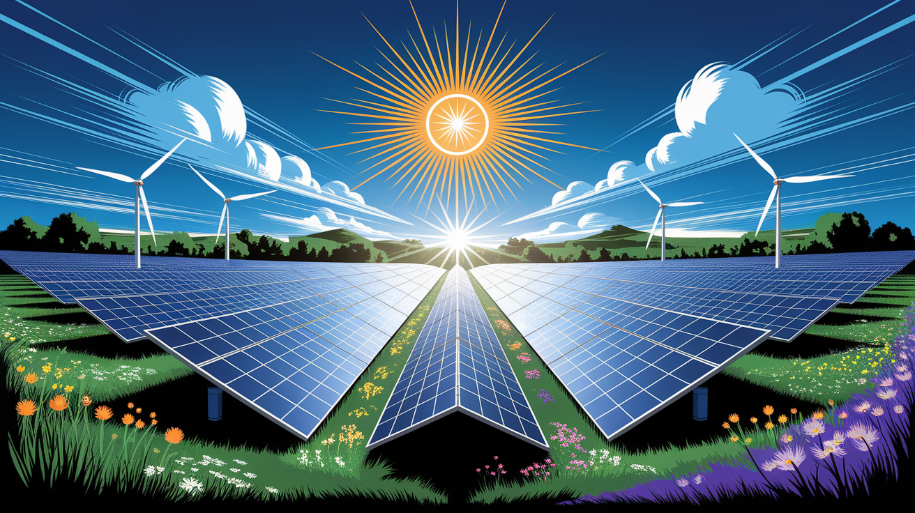 A conceptual illustration representing The Power of Solar Farming. Visualize the main ideas: . Creative but clear representation of the concept. Style: Visual Theme: Clean, modern aesthetic with high contrast and vibrant energy. Emphasize the intersect. high quality, detailed, professional, clean composition, good lighting, sharp focus, well-composed. high quality, professional, detailed, well-composed