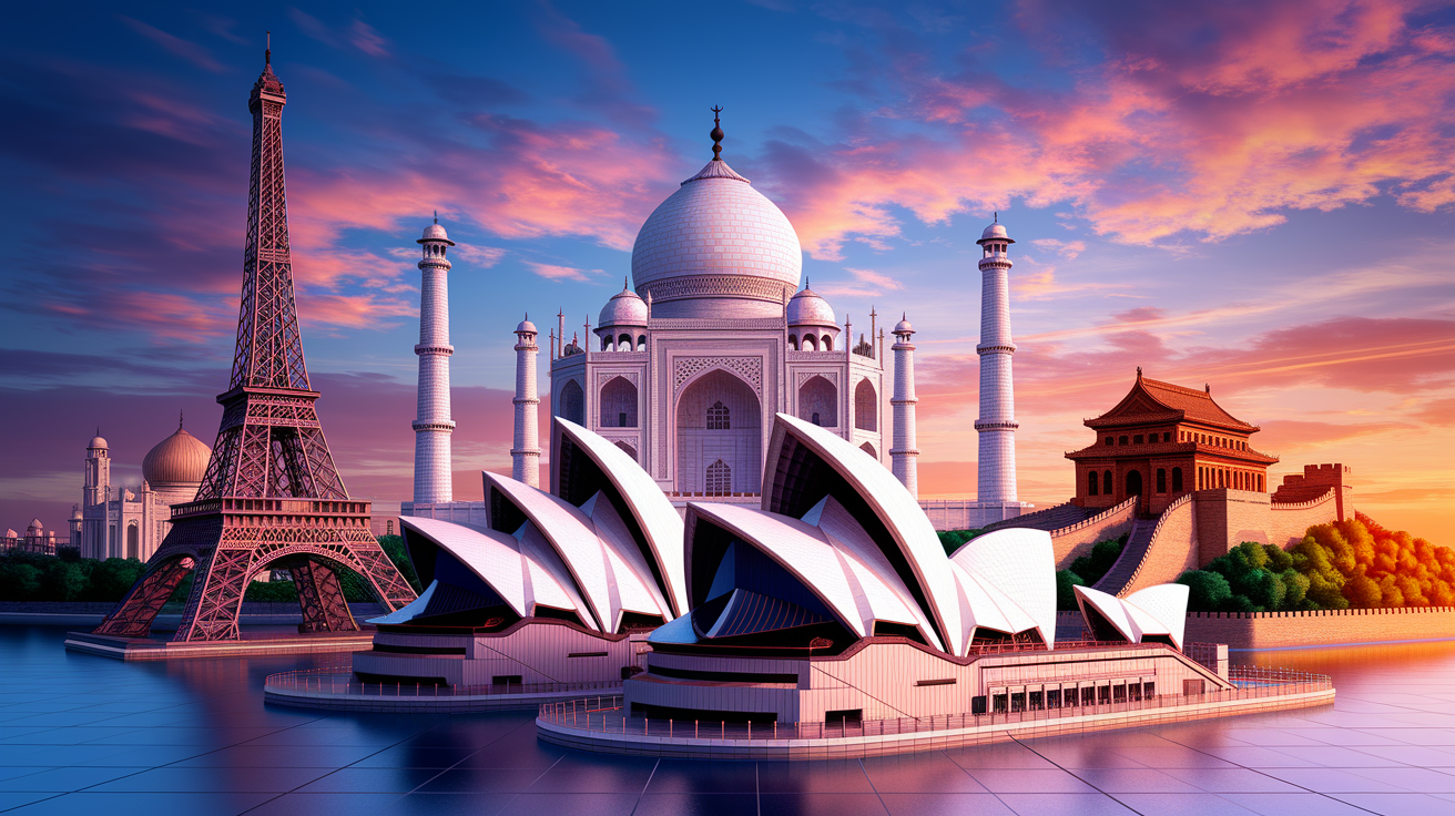 A conceptual illustration representing Significant Architectural Landmarks. Visualize the main ideas: . Creative but clear representation of the concept. Style: photorealistic. high quality, detailed, professional, clean composition, good lighting, sharp focus, well-composed. high quality, professional, detailed, well-composed