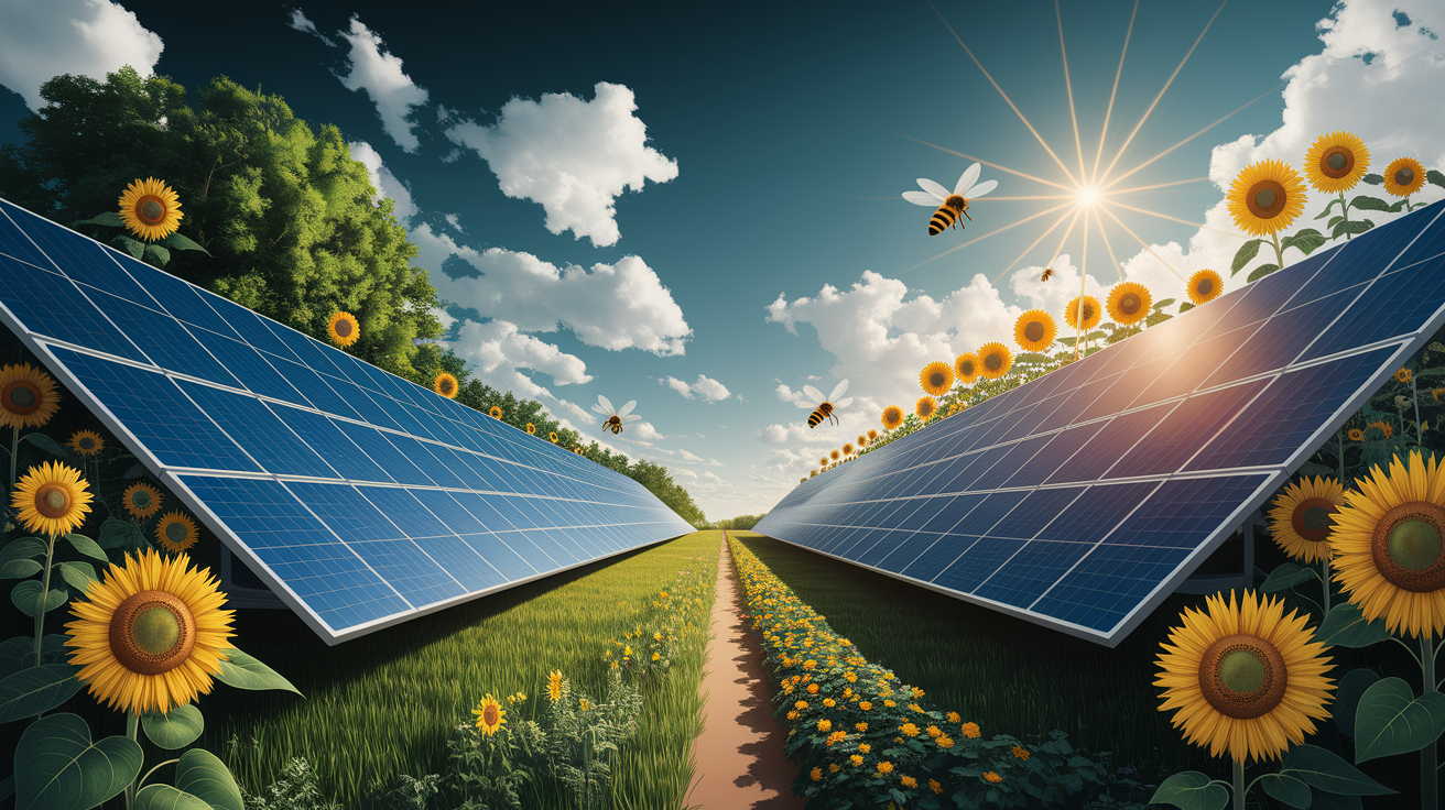 A conceptual illustration representing Benefits of Sustainable Solar Farming. Visualize the main ideas: . Creative but clear representation of the concept. Style: Visual Theme: Clean, modern aesthetic with high contrast and vibrant energy. Emphasize the intersect. high quality, detailed, professional, clean composition, good lighting, sharp focus, well-composed. high quality, professional, detailed, well-composed