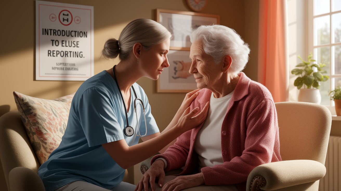 A conceptual illustration representing Introduction to Elder Abuse Reporting. Visualize the main ideas: . Creative but clear representation of the concept. Style: photorealistic. high quality, detailed, professional, clean composition, good lighting, sharp focus, well-composed. high quality, professional, detailed, well-composed