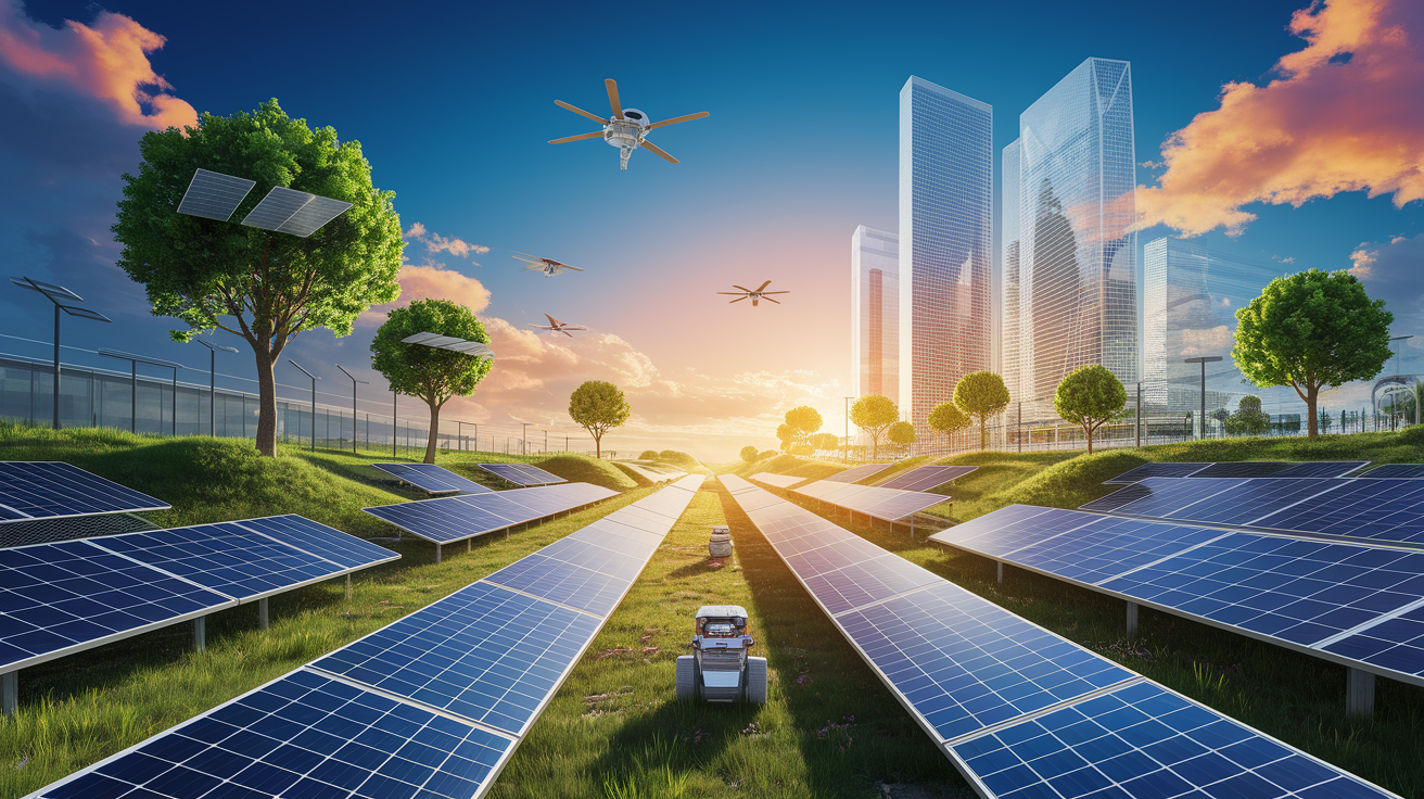 A conceptual illustration representing Innovative Techniques in Solar Farming. Visualize the main ideas: . Creative but clear representation of the concept. Style: Visual Theme: Clean, modern aesthetic with high contrast and vibrant energy. Emphasize the intersect. high quality, detailed, professional, clean composition, good lighting, sharp focus, well-composed. high quality, professional, detailed, well-composed