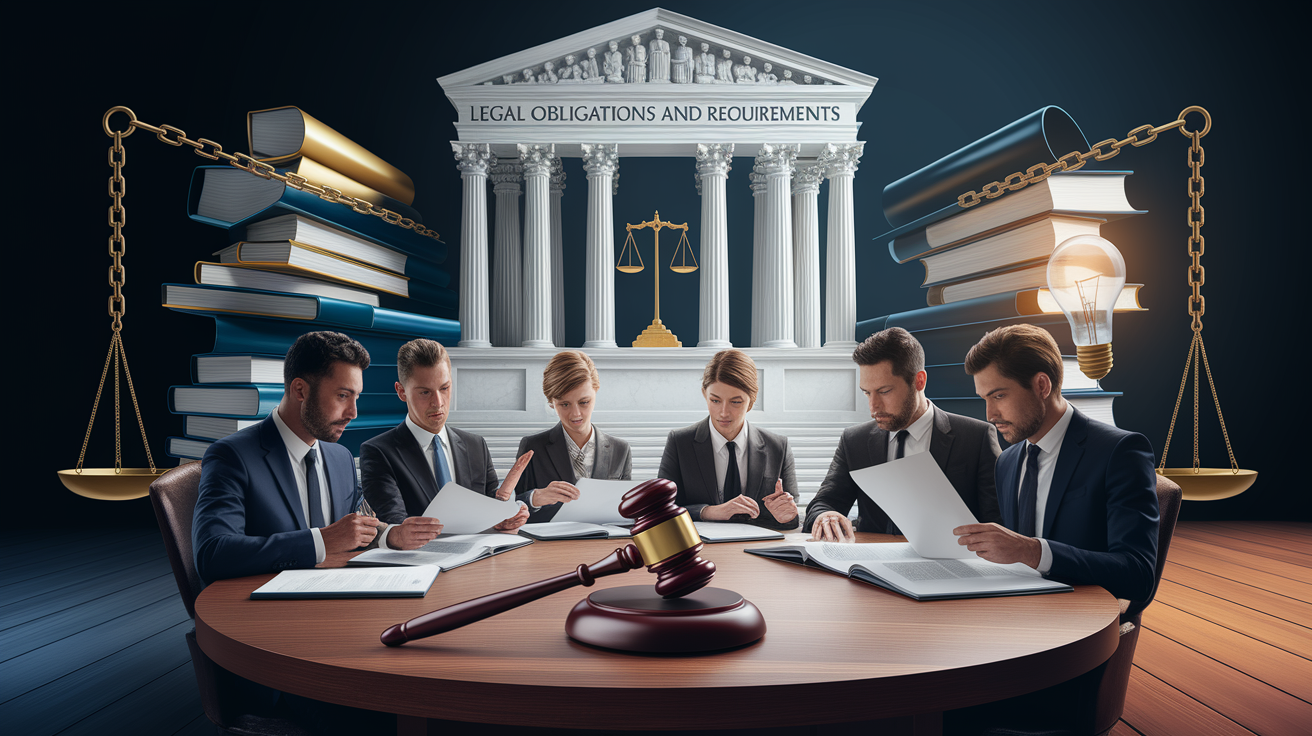 A conceptual illustration representing Legal Obligations and Requirements. Visualize the main ideas: . Creative but clear representation of the concept. Style: photorealistic. high quality, detailed, professional, clean composition, good lighting, sharp focus, well-composed. high quality, professional, detailed, well-composed