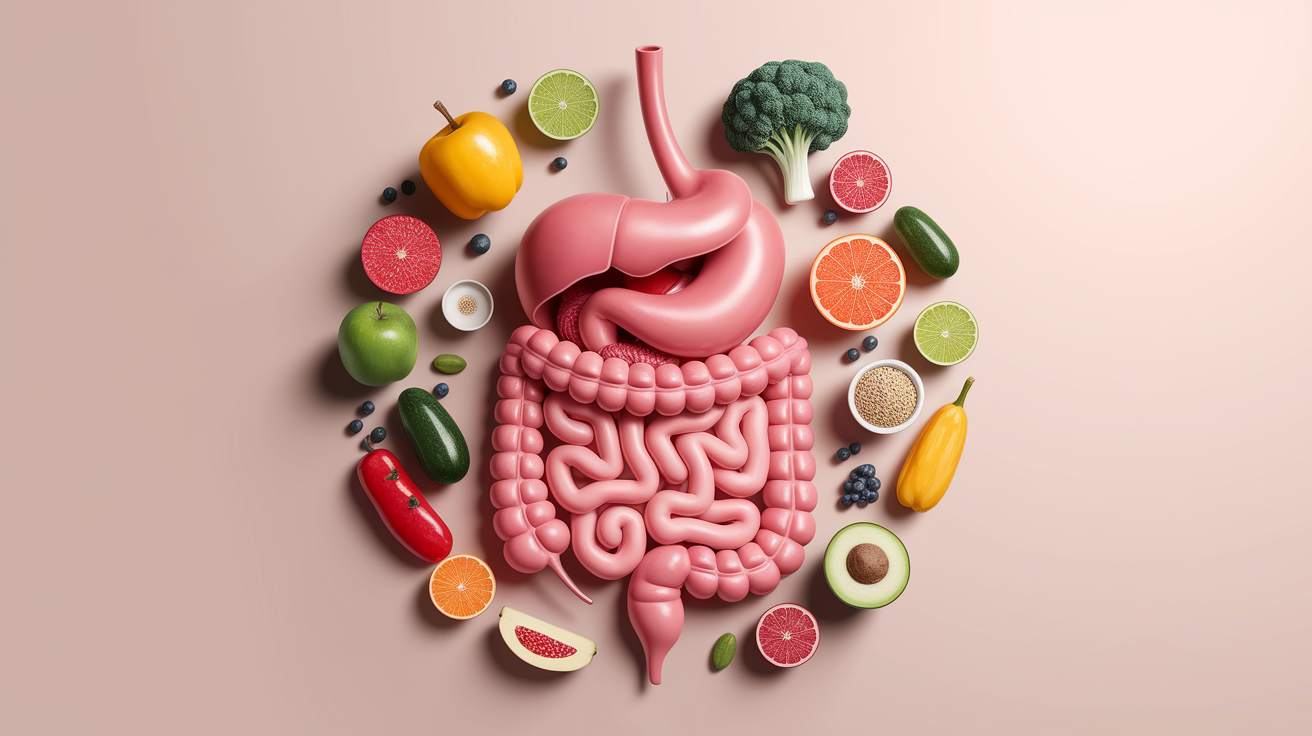 A conceptual illustration representing Digestive Health and Fiber. Visualize the main ideas: . Creative but clear representation of the concept. Style: photorealistic. high quality, detailed, professional, clean composition, good lighting, sharp focus, well-composed. high quality, professional, detailed, well-composed