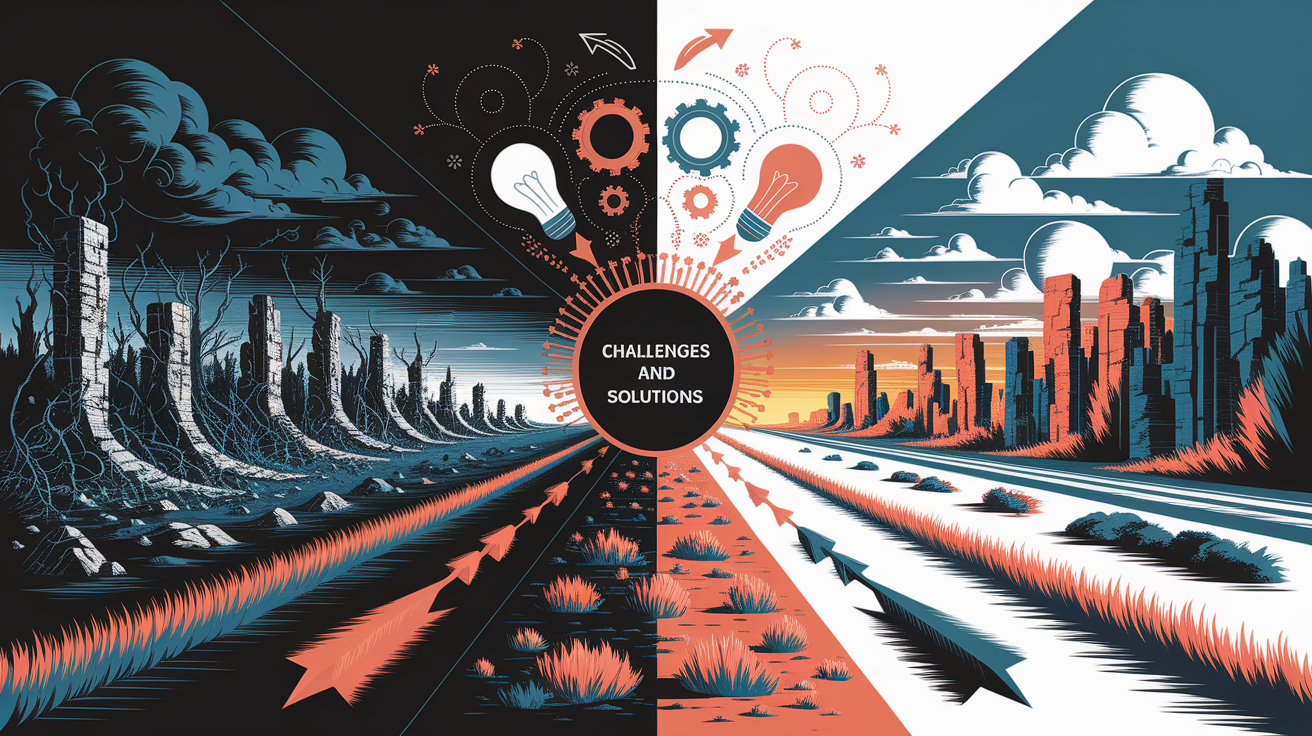 A conceptual illustration representing Challenges and Solutions. Visualize the main ideas: . Creative but clear representation of the concept. Style: Visual Theme: Clean, modern aesthetic with high contrast and vibrant energy. Emphasize the intersect. high quality, detailed, professional, clean composition, good lighting, sharp focus, well-composed. high quality, professional, detailed, well-composed