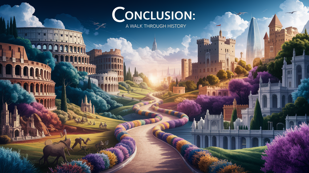 A conceptual illustration representing Conclusion: A Walk Through History. Visualize the main ideas: . Creative but clear representation of the concept. Style: photorealistic. high quality, detailed, professional, clean composition, good lighting, sharp focus, well-composed. high quality, professional, detailed, well-composed